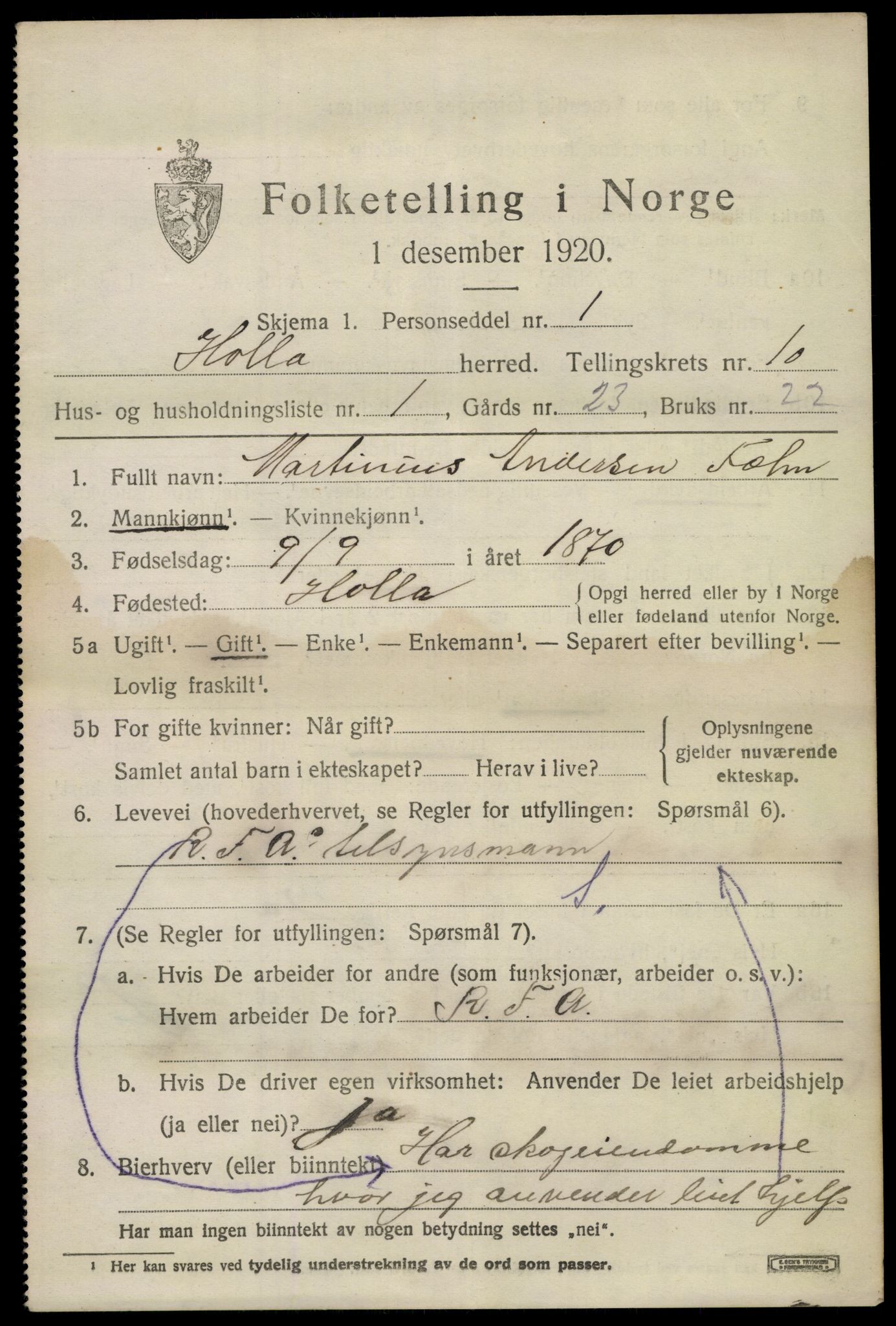 SAKO, 1920 census for Holla, 1920, p. 6077