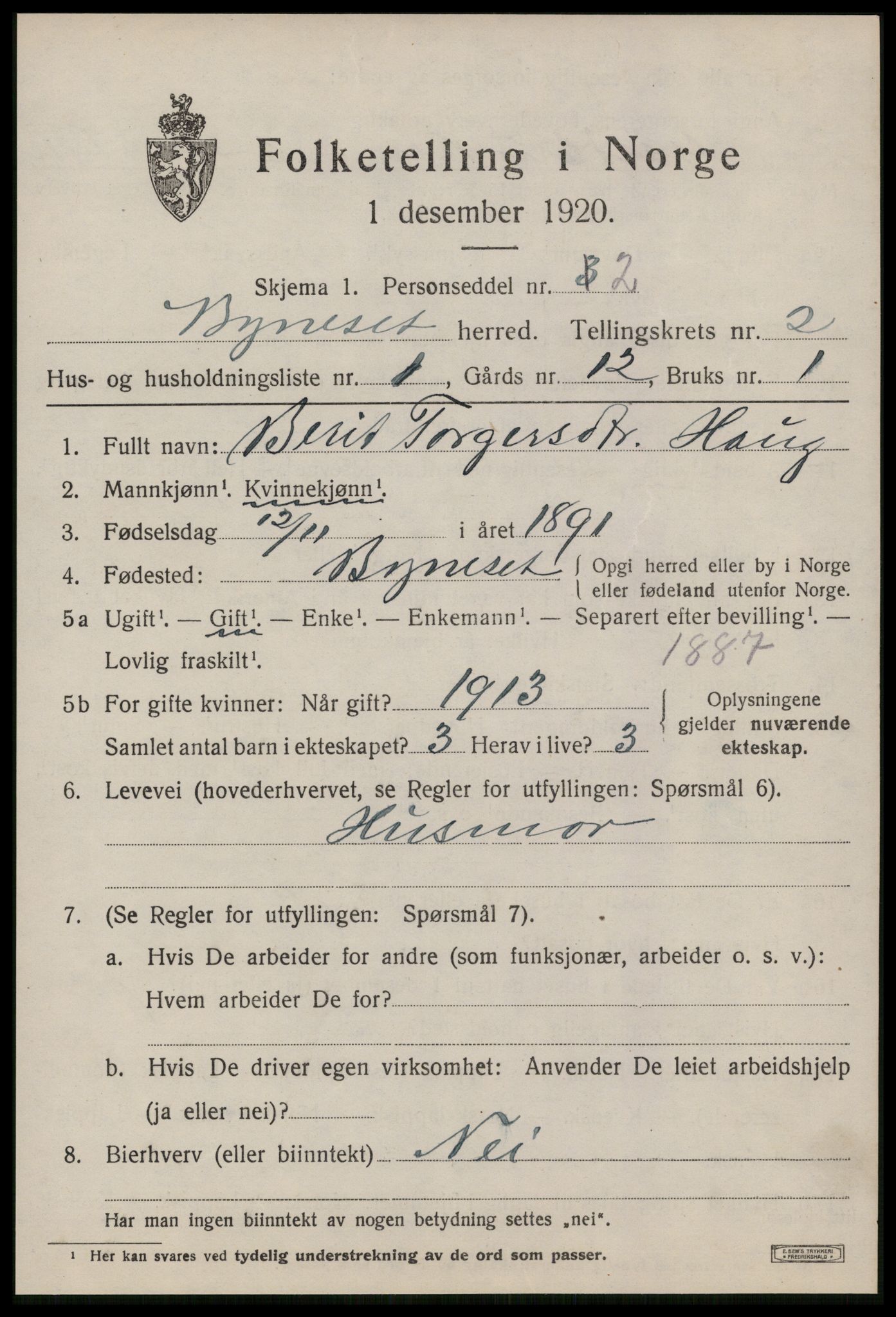 SAT, 1920 census for Byneset, 1920, p. 1230