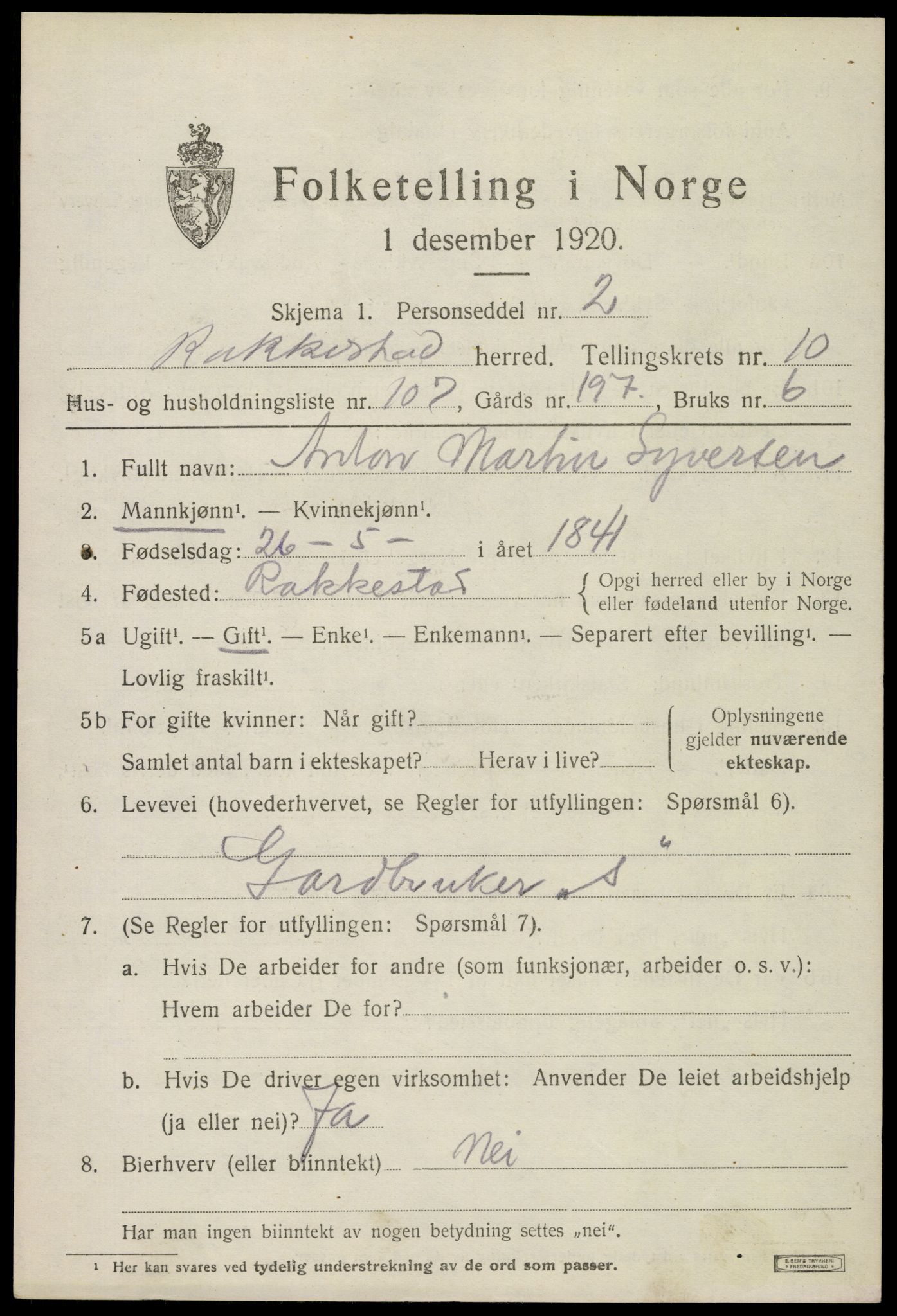 SAO, 1920 census for Rakkestad, 1920, p. 9851