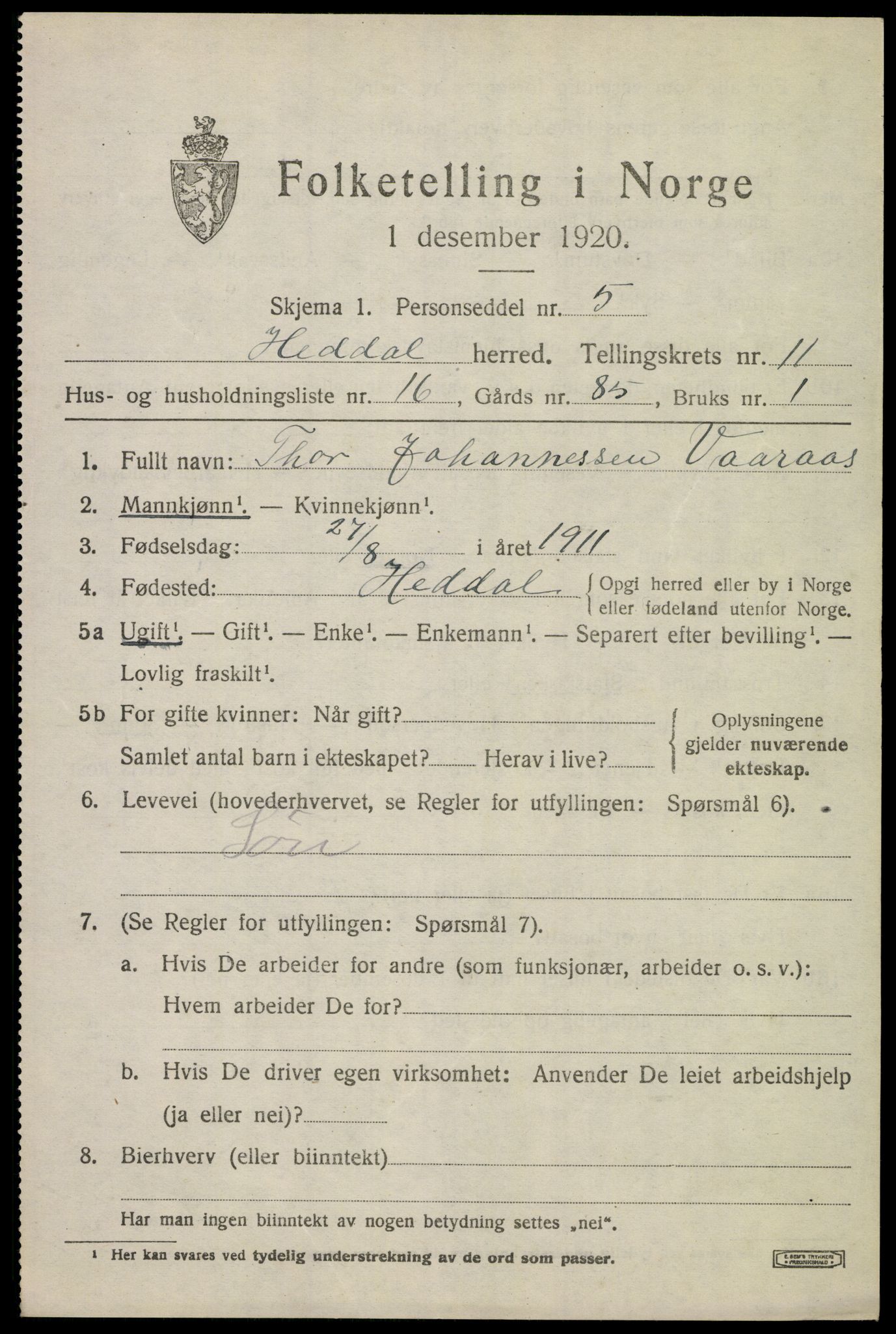 SAKO, 1920 census for Heddal, 1920, p. 7924