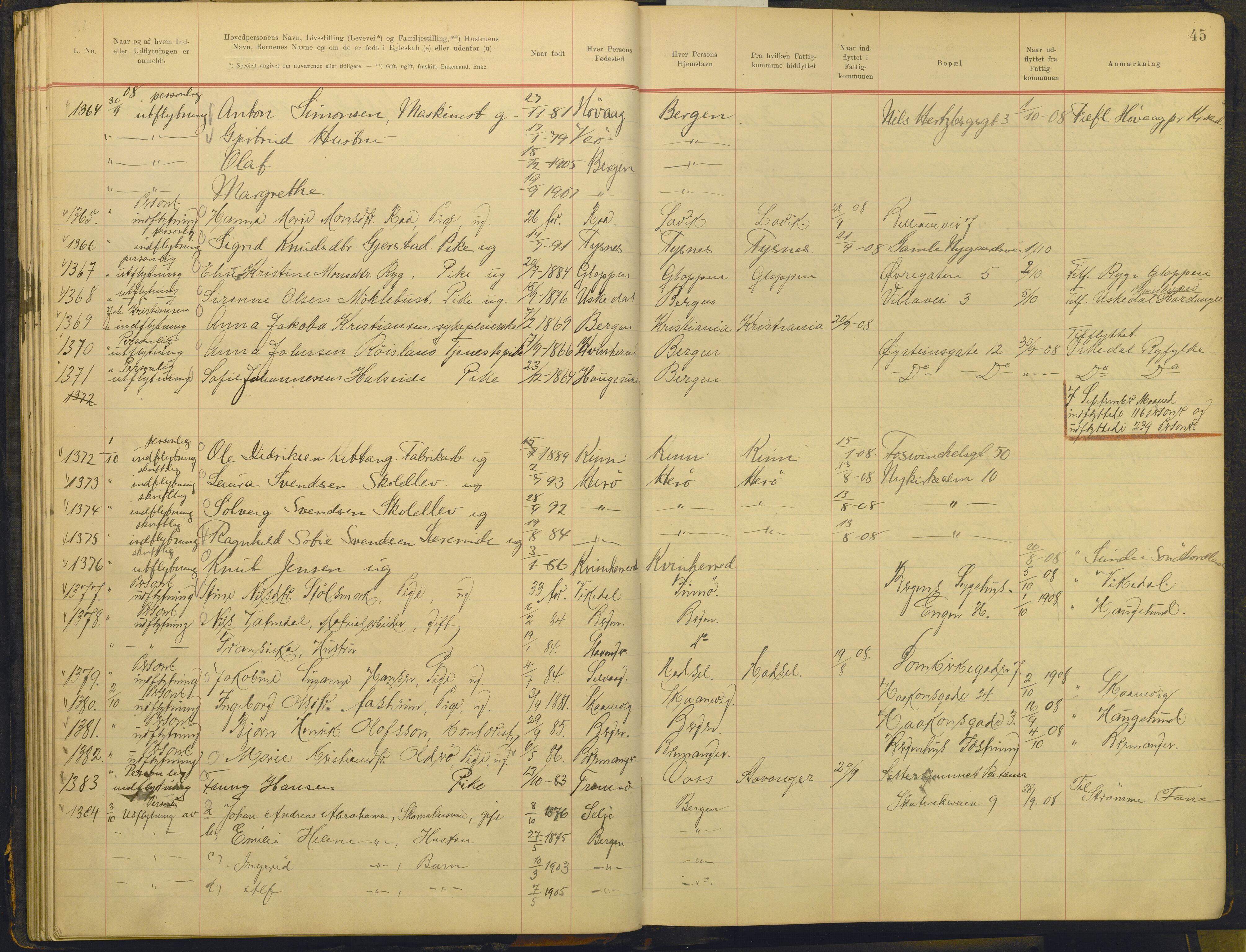 Bergen politikammer / politidistrikt, AV/SAB-A-60401/J.g/L0005: Protokoll over inn- og utflyttede, 1908-1910, p. 45