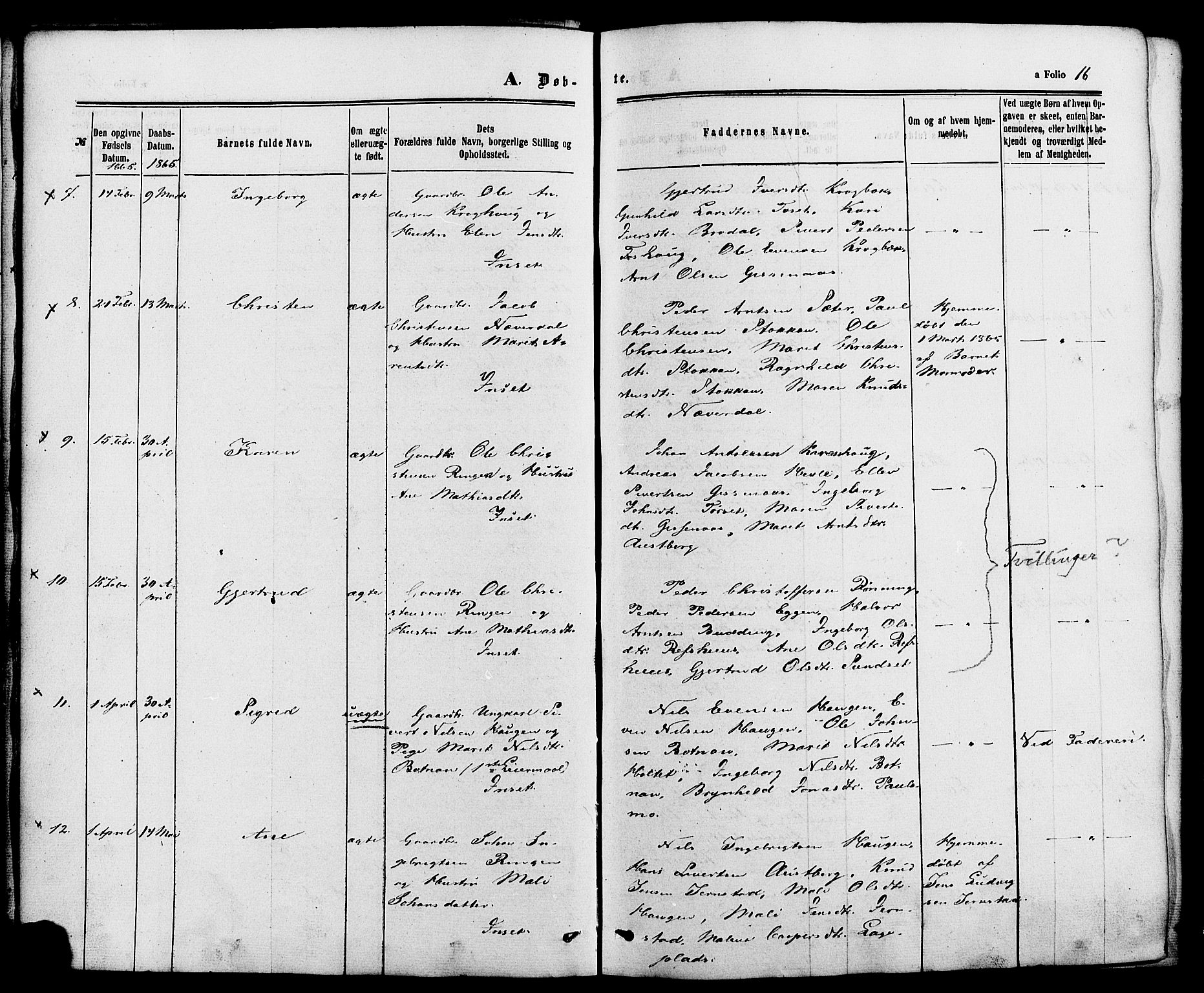 Kvikne prestekontor, SAH/PREST-064/H/Ha/Haa/L0006: Parish register (official) no. 6, 1863-1886, p. 16