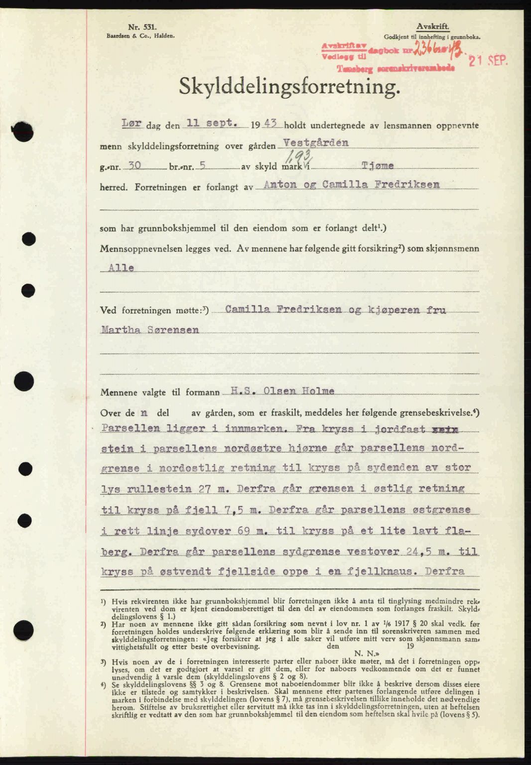 Tønsberg sorenskriveri, AV/SAKO-A-130/G/Ga/Gaa/L0014: Mortgage book no. A14, 1943-1944, Diary no: : 2366/1943