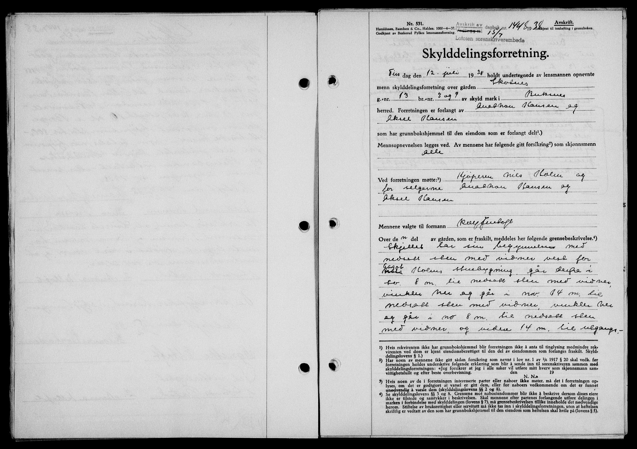 Lofoten sorenskriveri, SAT/A-0017/1/2/2C/L0004a: Mortgage book no. 4a, 1938-1938, Diary no: : 1448/1938