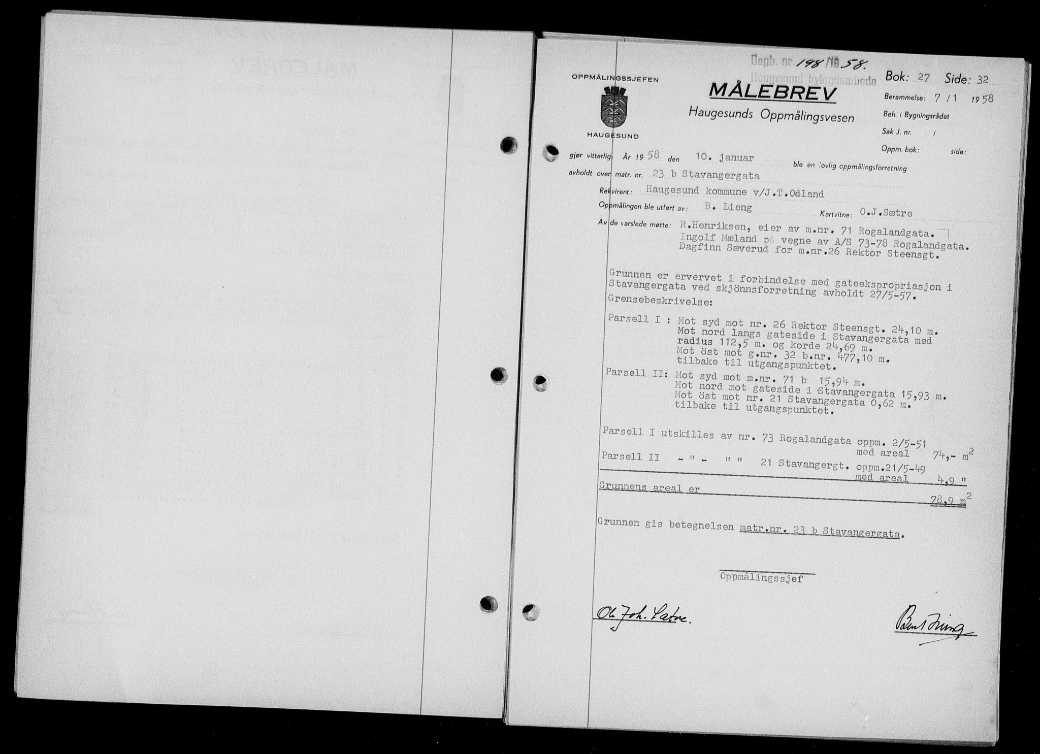 Haugesund tingrett, AV/SAST-A-101415/01/II/IIC/L0068: Mortgage book no. A 9, 1956-1958, Diary no: : 198/1958