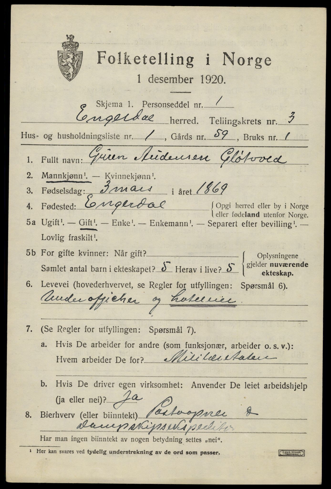SAH, 1920 census for Engerdal, 1920, p. 1511