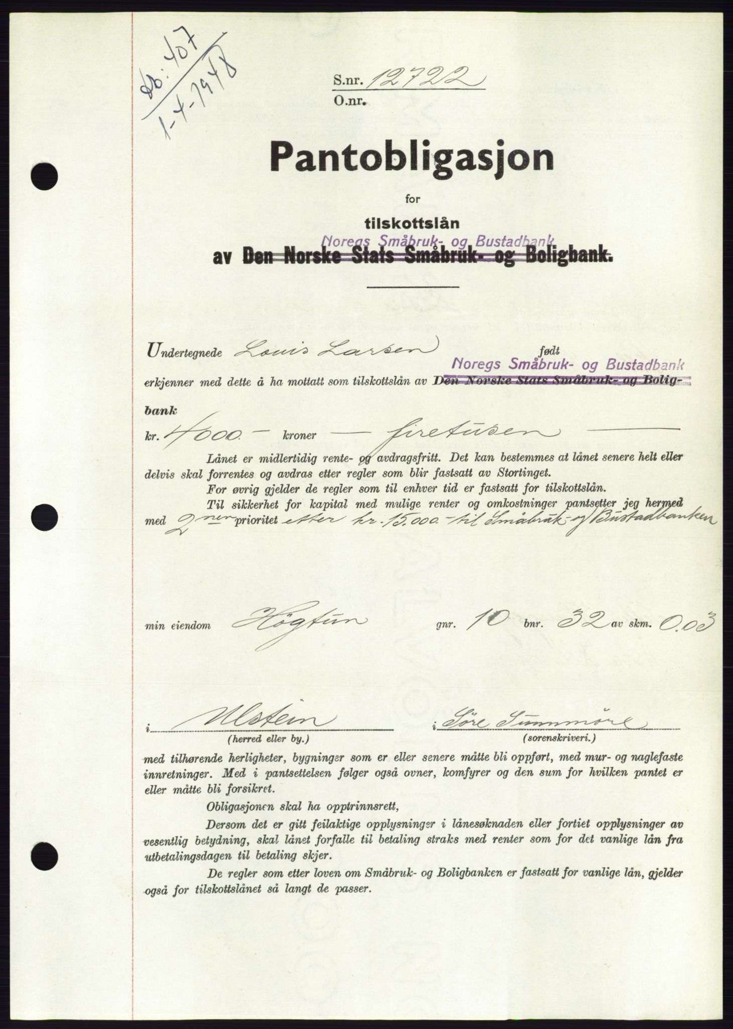 Søre Sunnmøre sorenskriveri, AV/SAT-A-4122/1/2/2C/L0115: Mortgage book no. 3B, 1947-1948, Diary no: : 407/1948