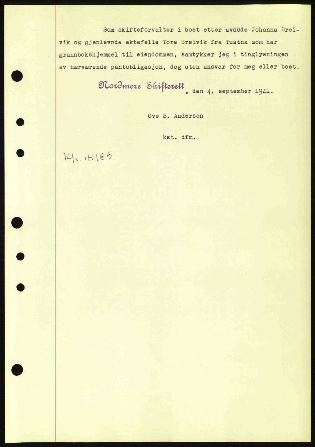 Nordmøre sorenskriveri, SAT/A-4132/1/2/2Ca: Mortgage book no. B88, 1941-1942, Diary no: : 1555/1941