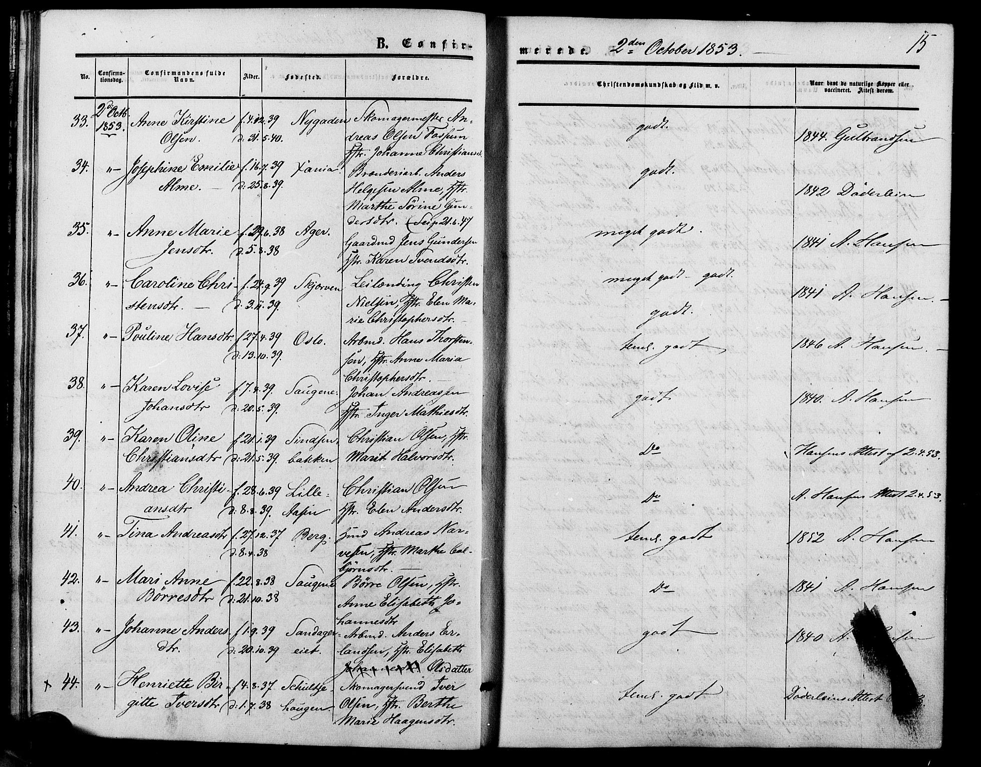 Vestre Aker prestekontor Kirkebøker, AV/SAO-A-10025/F/Fa/L0001: Parish register (official) no. 1, 1853-1858, p. 15