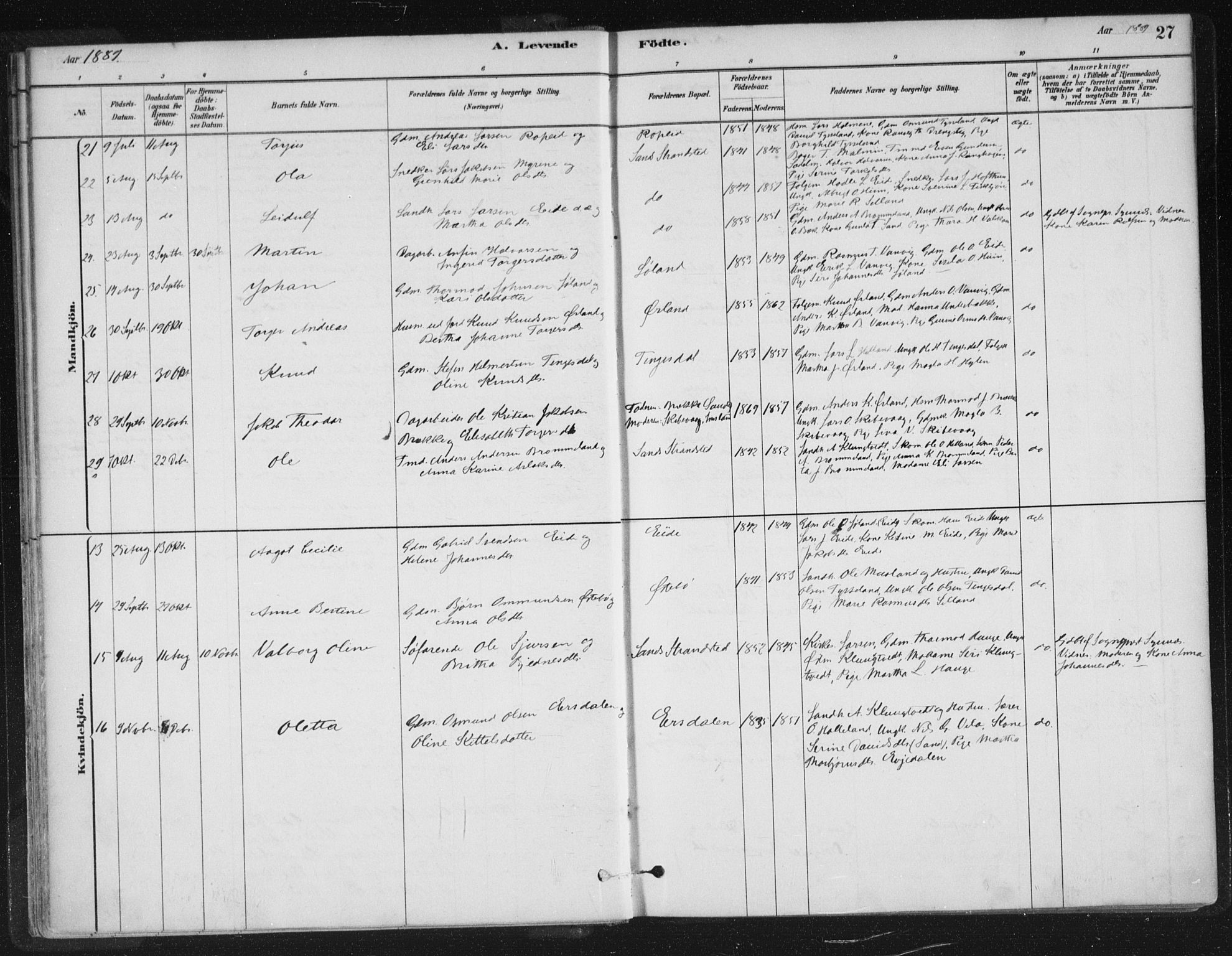 Sand sokneprestkontor, AV/SAST-A-101848/01/III/L0005: Parish register (official) no. A 5, 1880-1898, p. 27