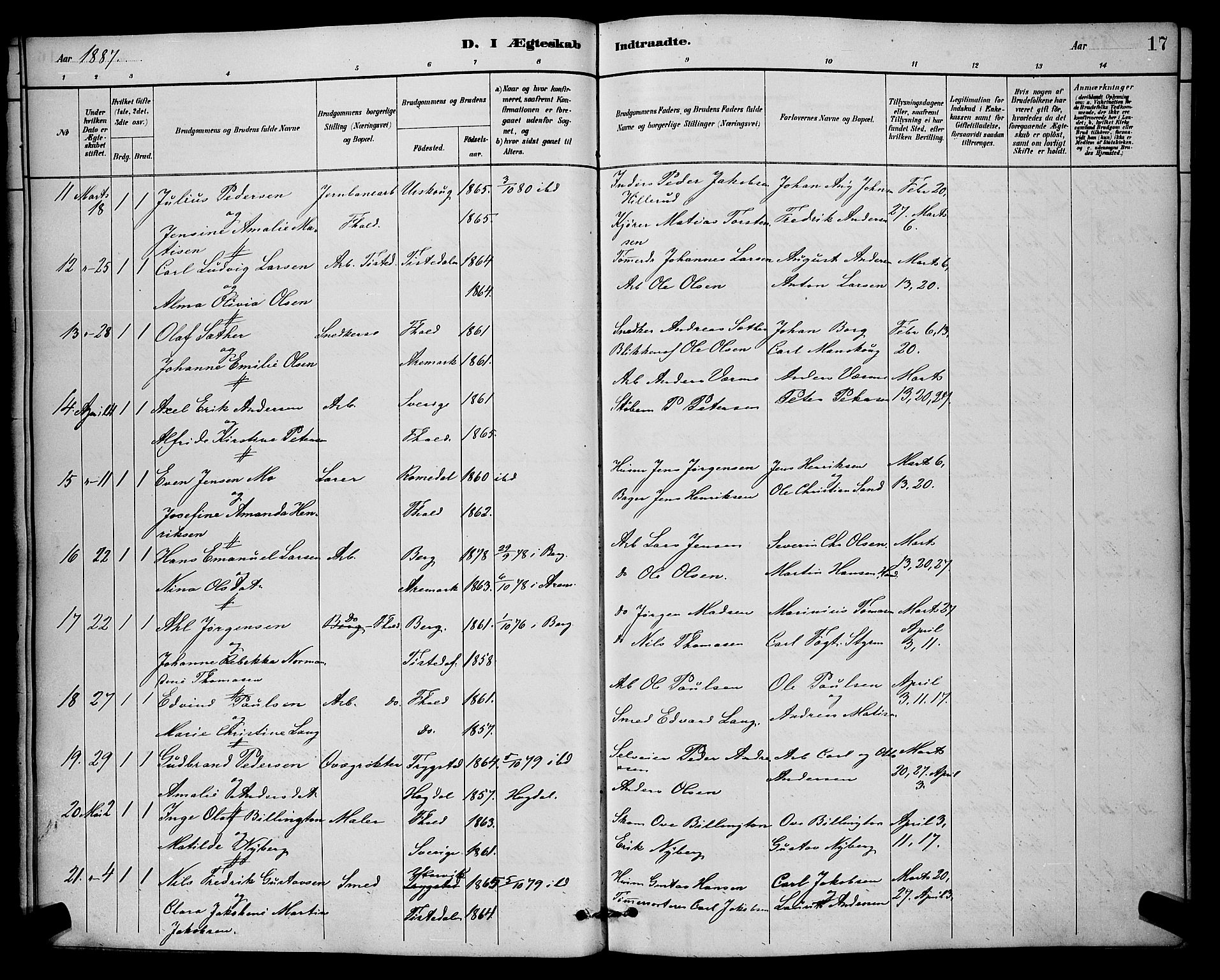 Halden prestekontor Kirkebøker, AV/SAO-A-10909/G/Ga/L0009: Parish register (copy) no. 9, 1885-1908, p. 17