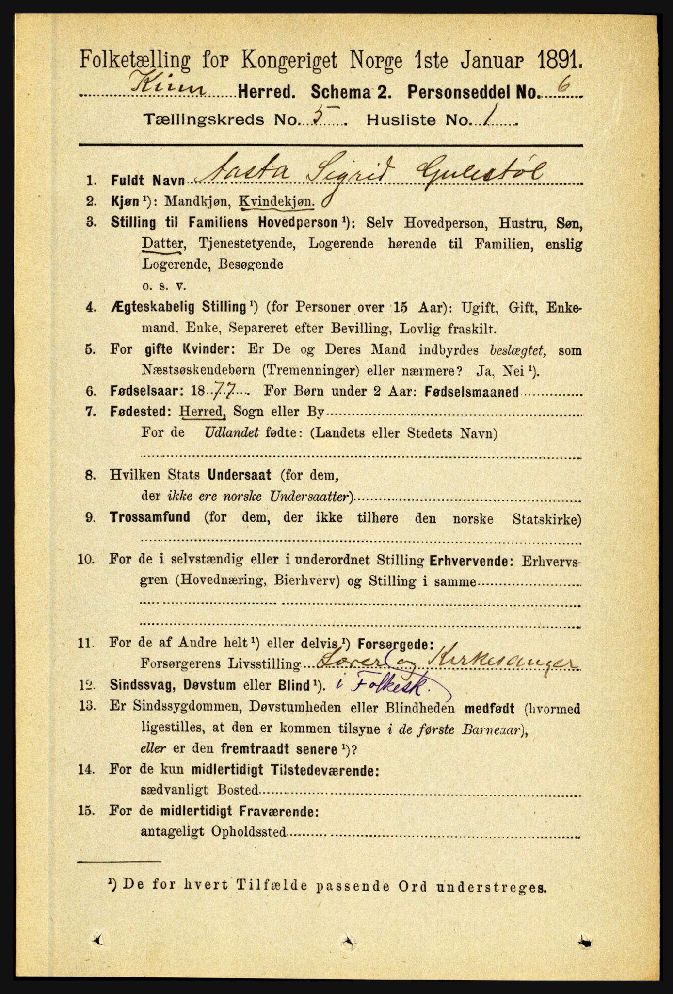 RA, 1891 census for 1437 Kinn, 1891, p. 1818