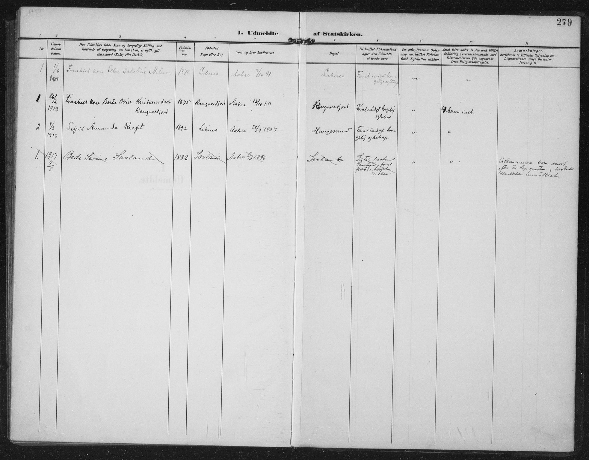 Kopervik sokneprestkontor, SAST/A-101850/H/Ha/Haa/L0005: Parish register (official) no. A 5, 1906-1924, p. 279
