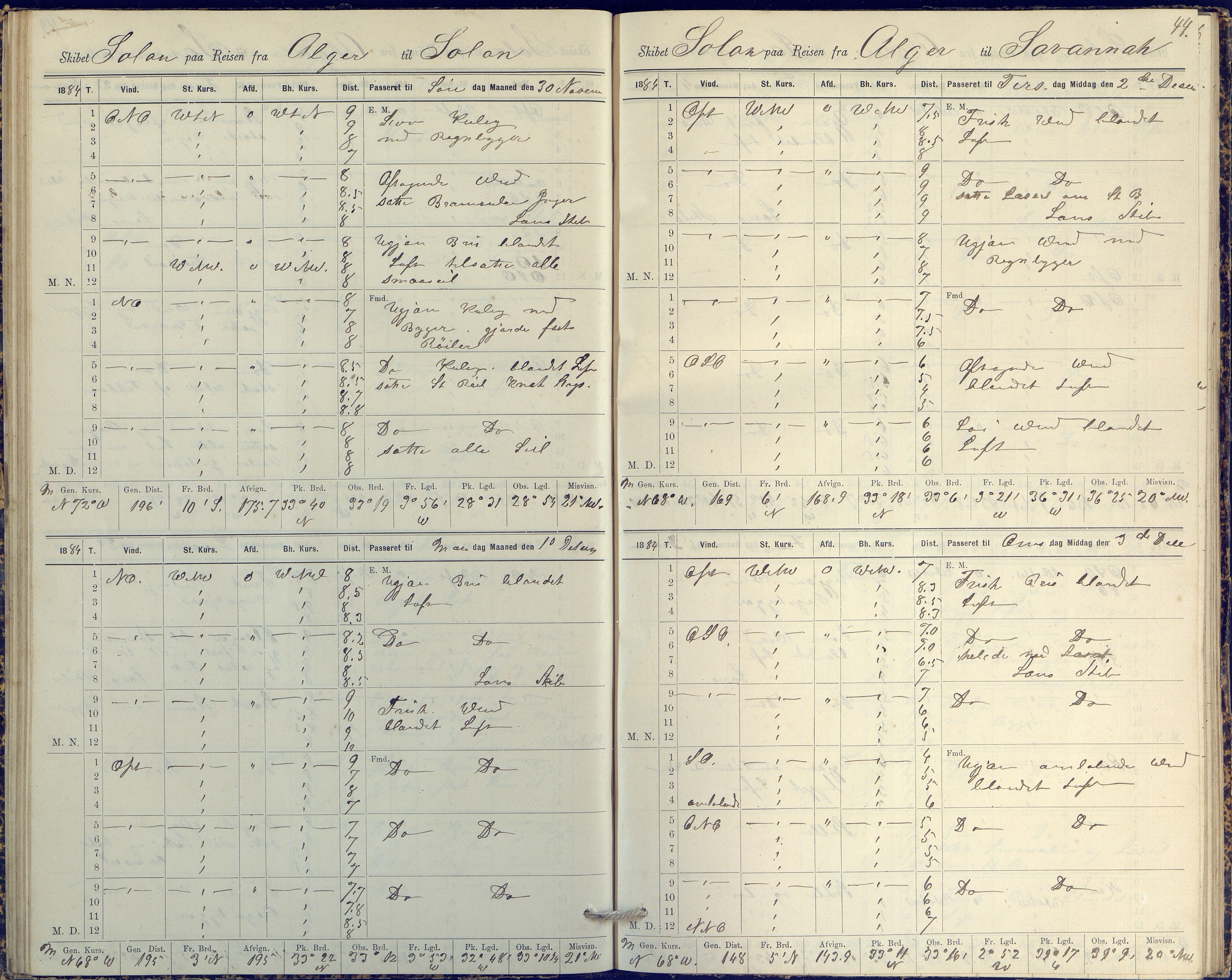 Fartøysarkivet, AAKS/PA-1934/F/L0331/0003: Solon (fregatt) / Solon (fregatt) skipsjournal 1884-1885, 1884-1885, p. 44