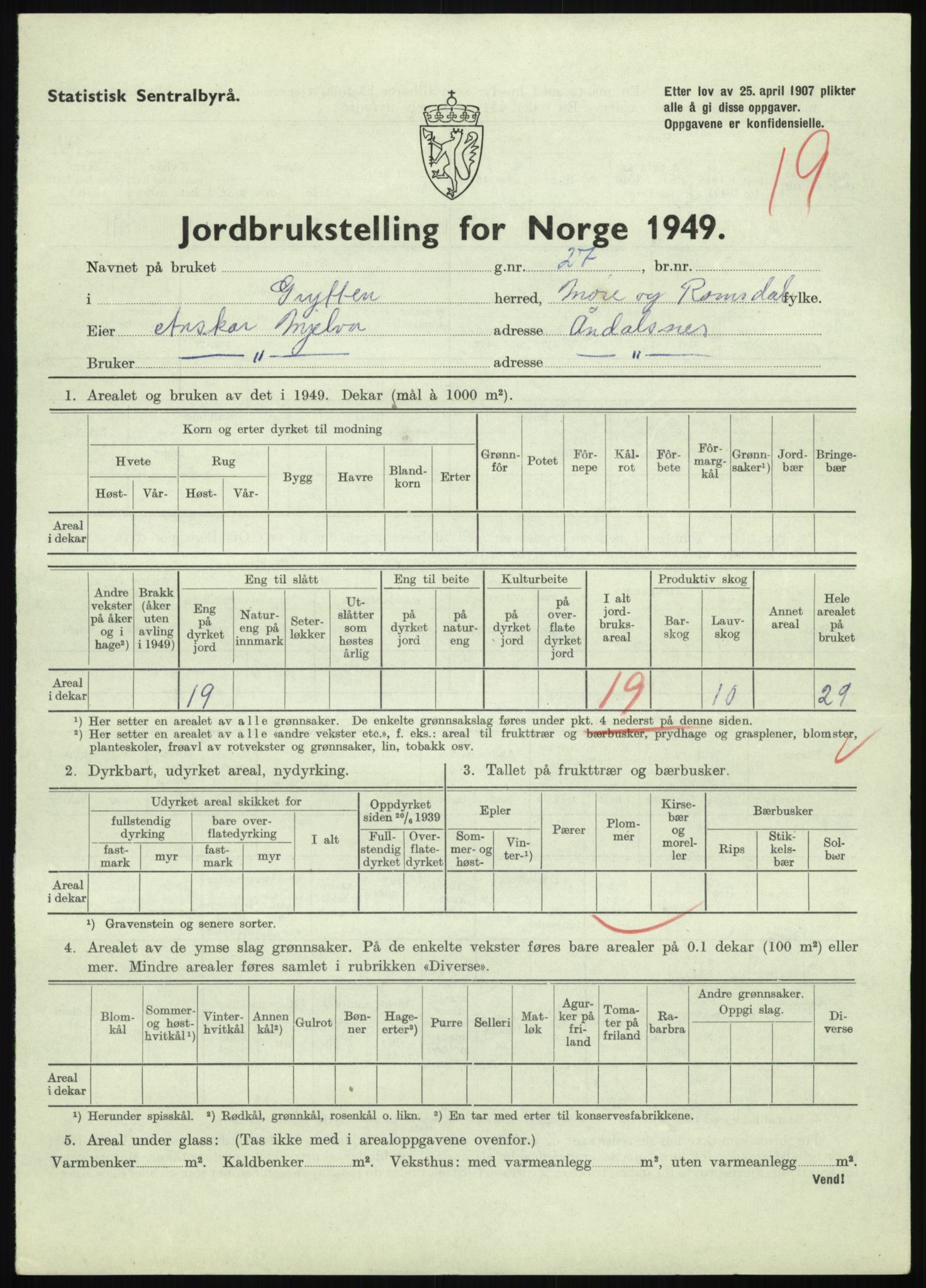 Statistisk sentralbyrå, Næringsøkonomiske emner, Jordbruk, skogbruk, jakt, fiske og fangst, AV/RA-S-2234/G/Gc/L0323: Møre og Romsdal: Grytten og Hen, 1949, p. 55