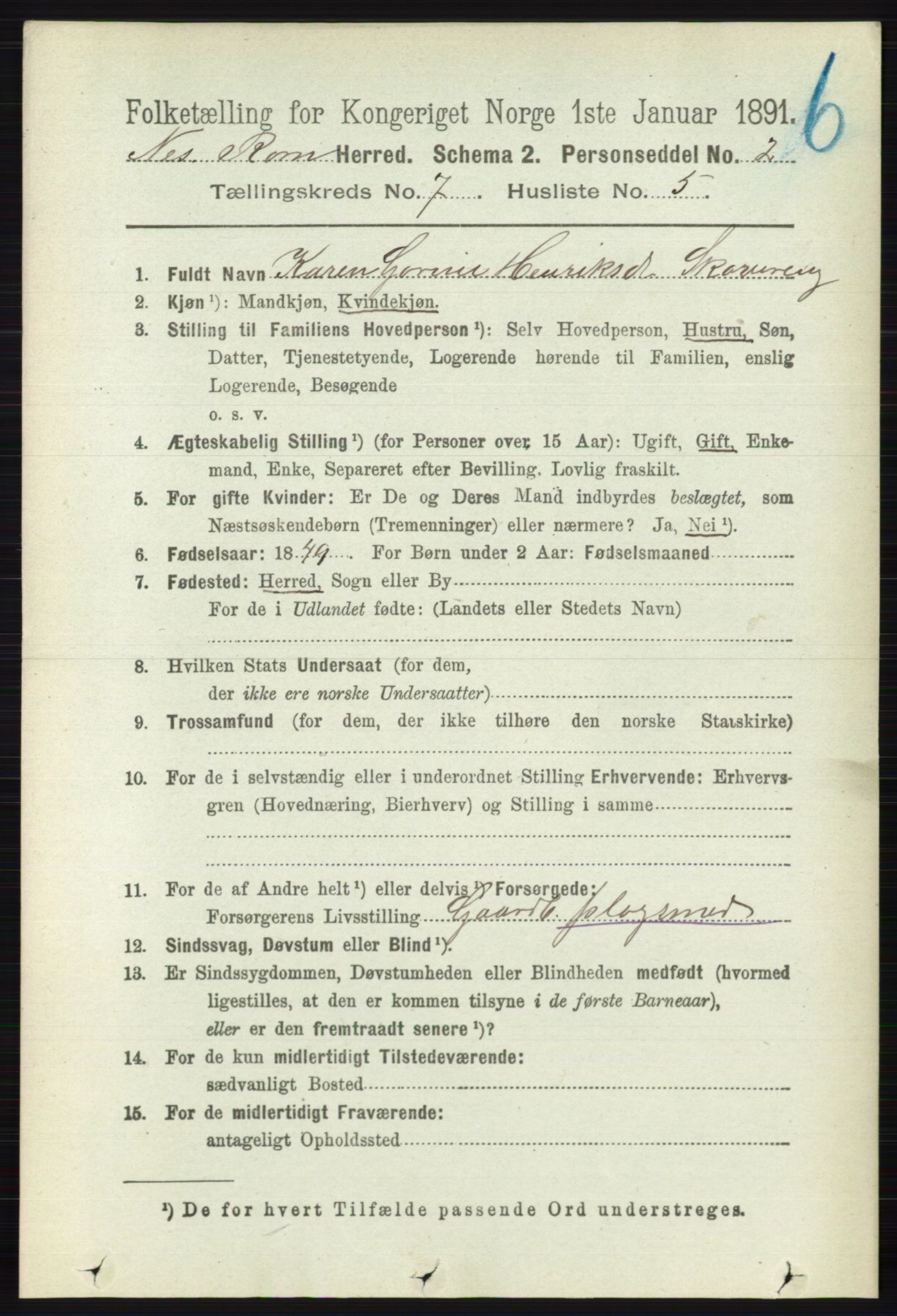 RA, 1891 census for 0236 Nes, 1891, p. 4050