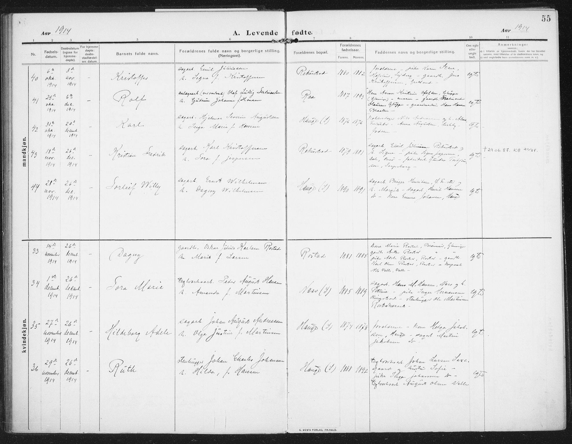 Rolvsøy prestekontor Kirkebøker, AV/SAO-A-2004/F/Fa/L0002: Parish register (official) no. 2, 1909-1917, p. 55