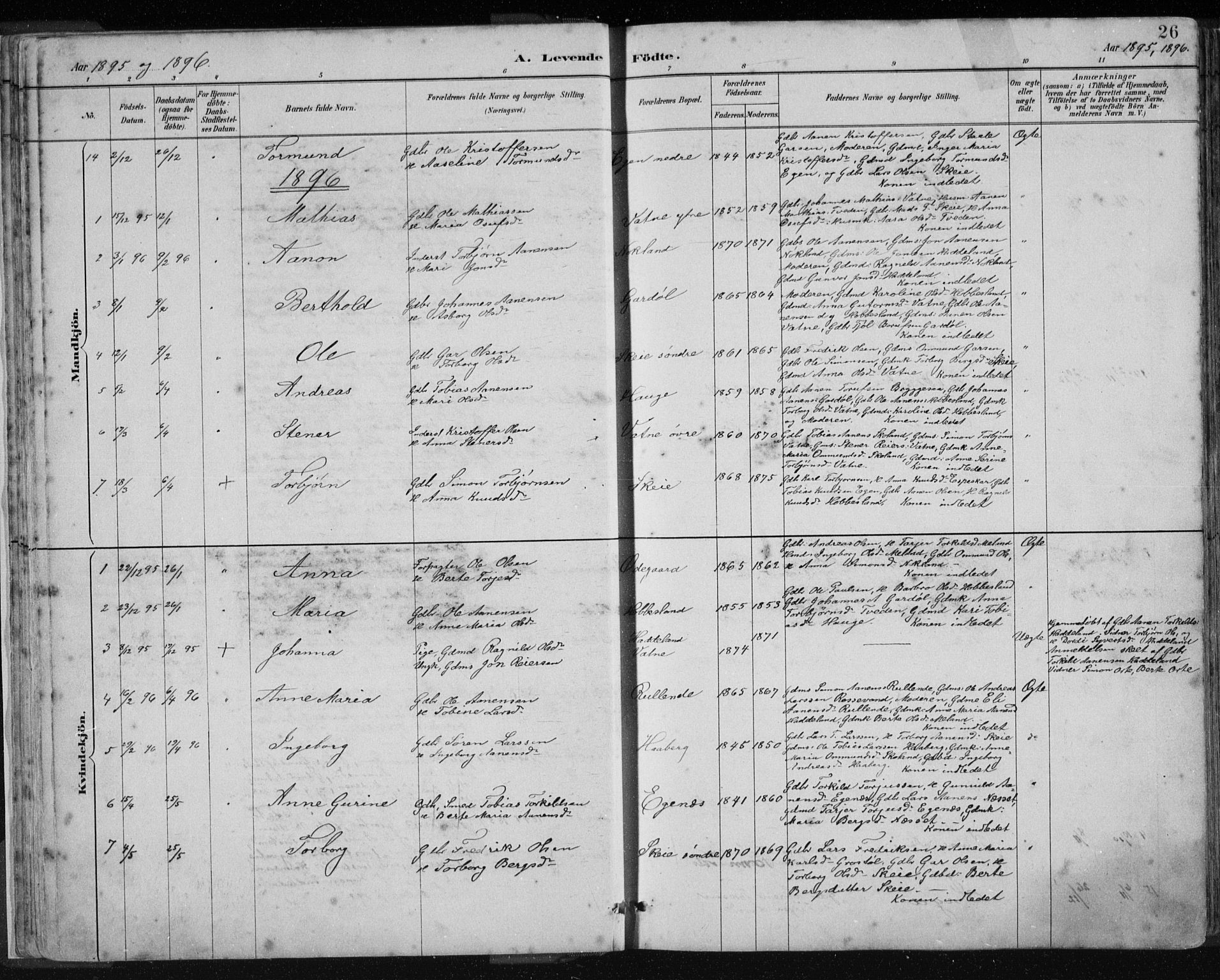 Hægebostad sokneprestkontor, AV/SAK-1111-0024/F/Fb/Fbb/L0003: Parish register (copy) no. B 3, 1887-1937, p. 26