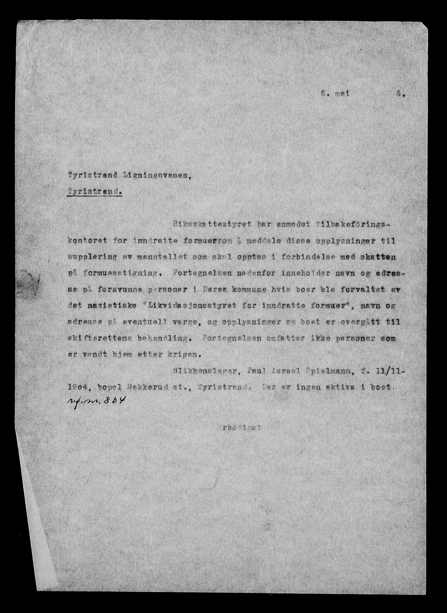 Justisdepartementet, Tilbakeføringskontoret for inndratte formuer, AV/RA-S-1564/H/Hc/Hcd/L1007: --, 1945-1947, p. 216