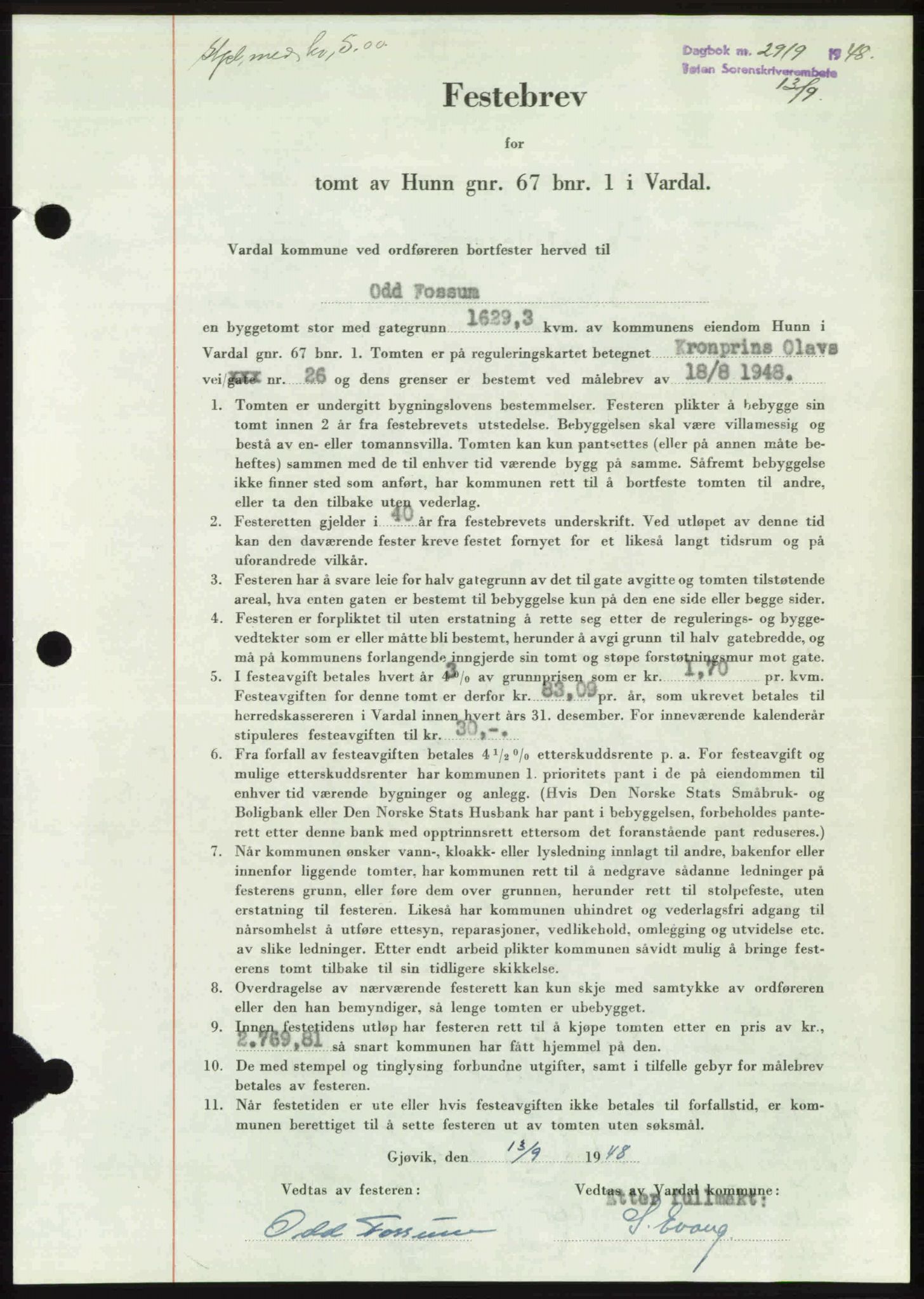 Toten tingrett, SAH/TING-006/H/Hb/Hbc/L0020: Mortgage book no. Hbc-20, 1948-1948, Diary no: : 2919/1948