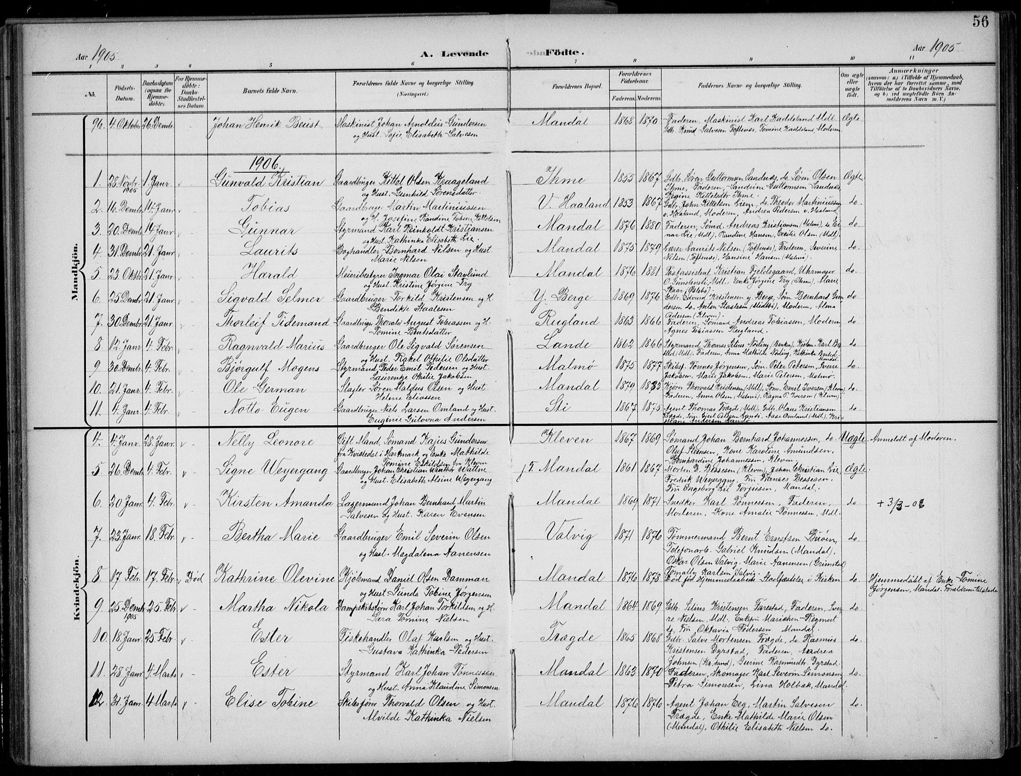 Mandal sokneprestkontor, AV/SAK-1111-0030/F/Fb/Fba/L0012: Parish register (copy) no. B 6, 1899-1918, p. 56