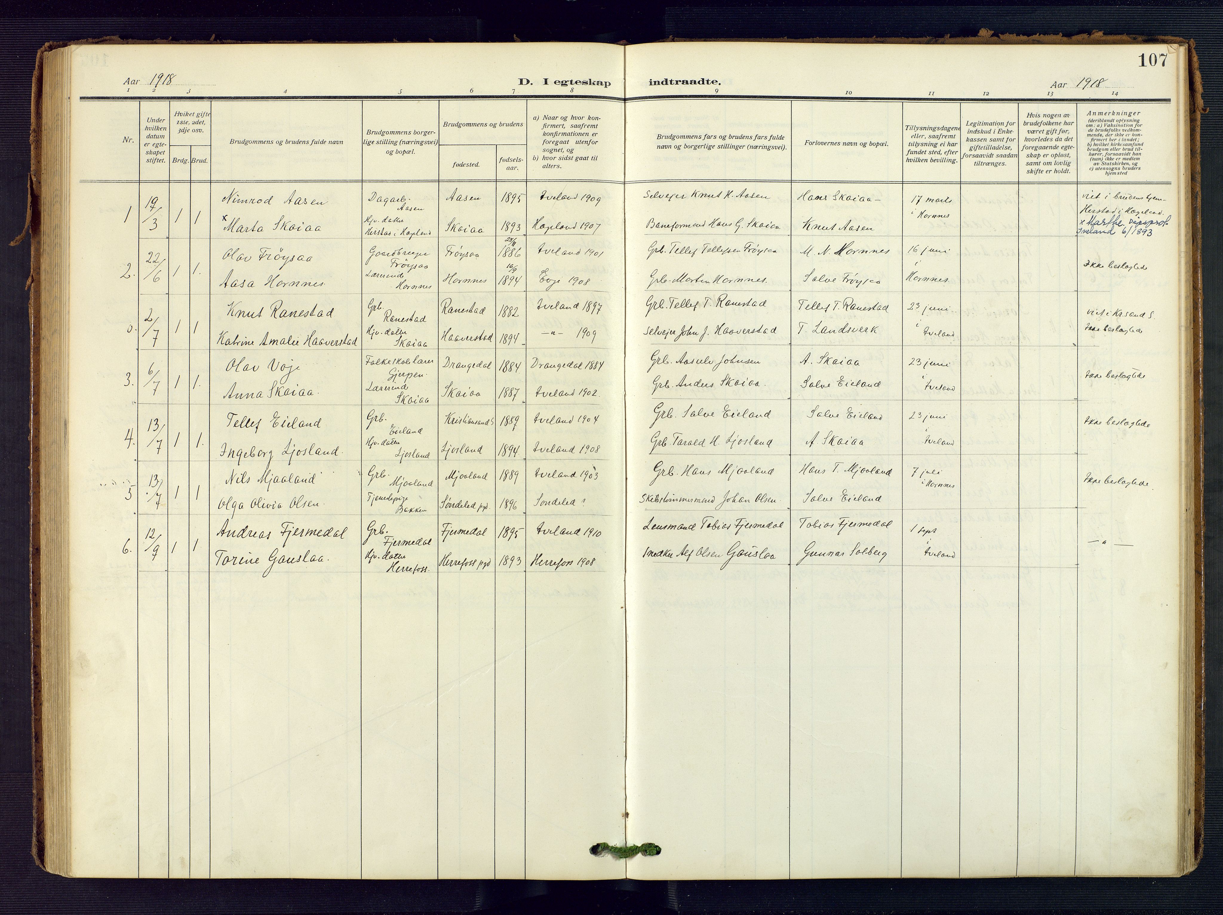 Evje sokneprestkontor, SAK/1111-0008/F/Fa/Fac/L0004: Parish register (official) no. A 4, 1910-1932, p. 107