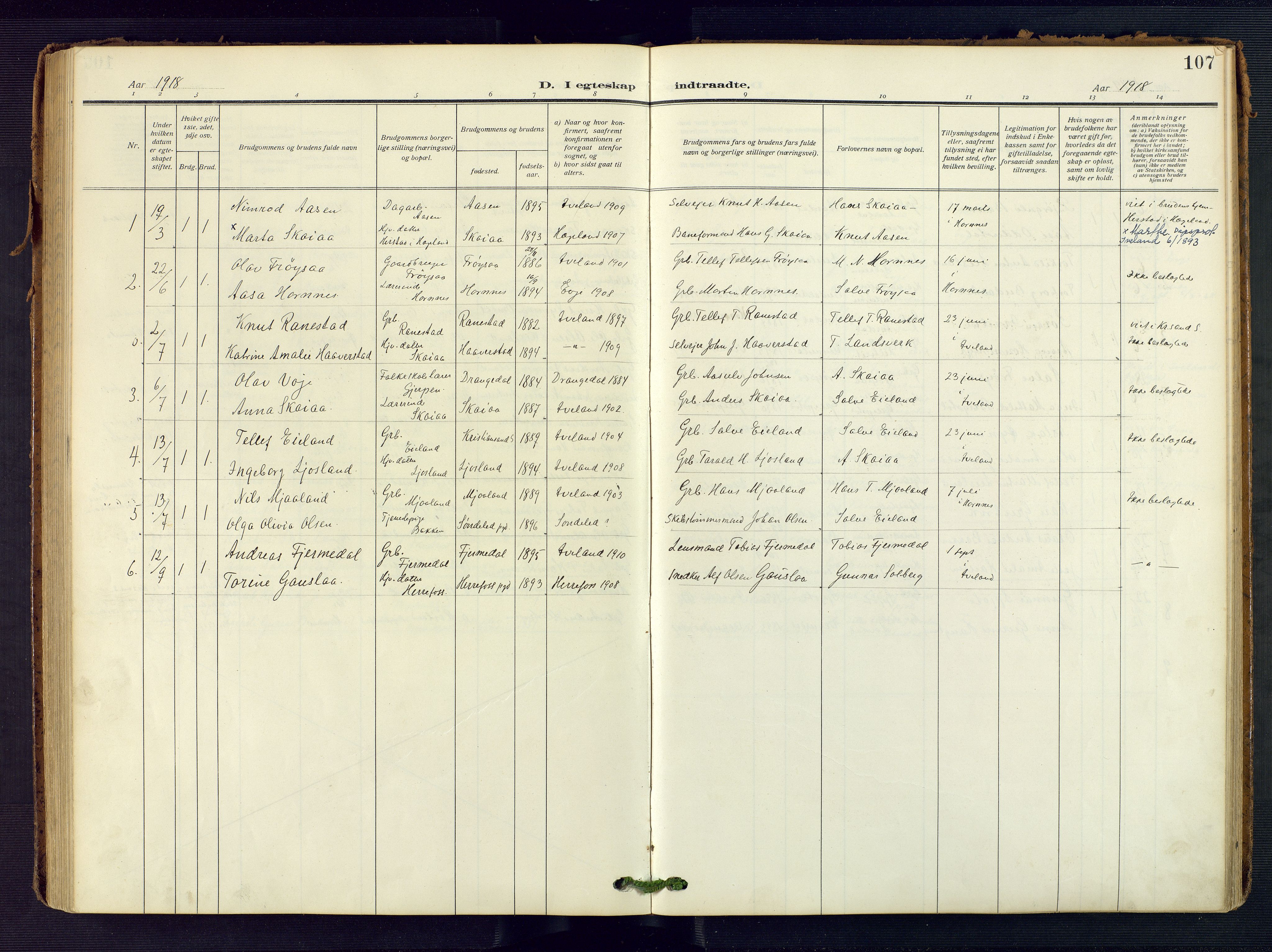 Evje sokneprestkontor, AV/SAK-1111-0008/F/Fa/Fac/L0004: Parish register (official) no. A 4, 1910-1932, p. 107