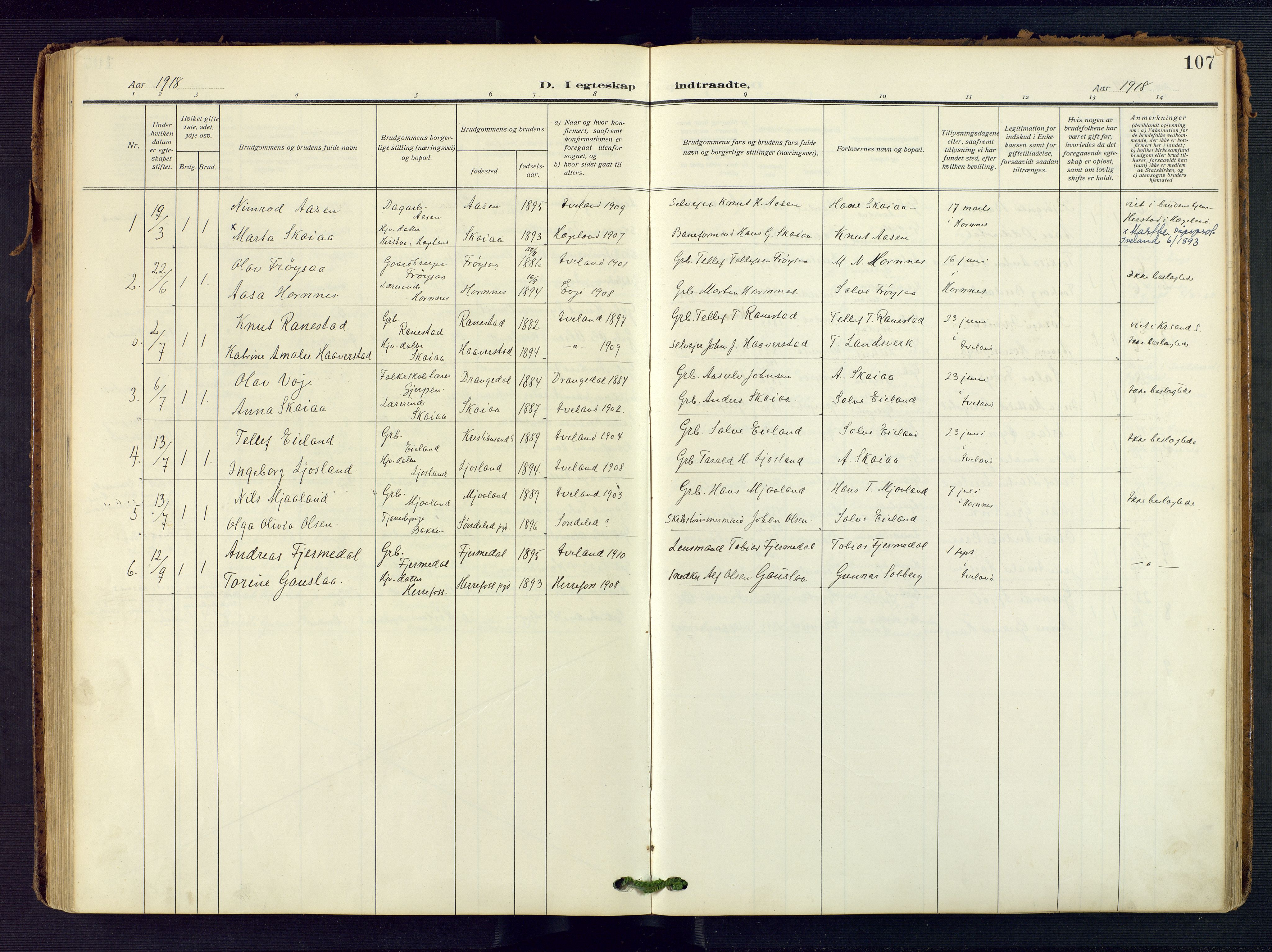 Evje sokneprestkontor, AV/SAK-1111-0008/F/Fa/Fac/L0004: Parish register (official) no. A 4, 1910-1932, p. 107