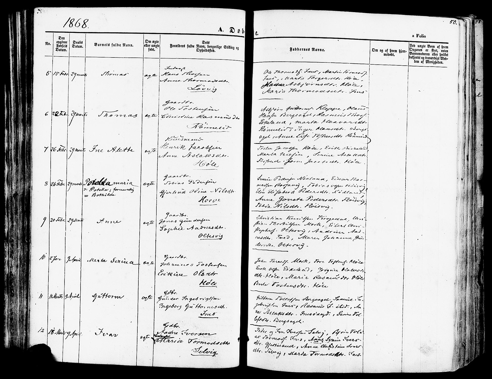 Høgsfjord sokneprestkontor, AV/SAST-A-101624/H/Ha/Haa/L0002: Parish register (official) no. A 2, 1855-1885, p. 50