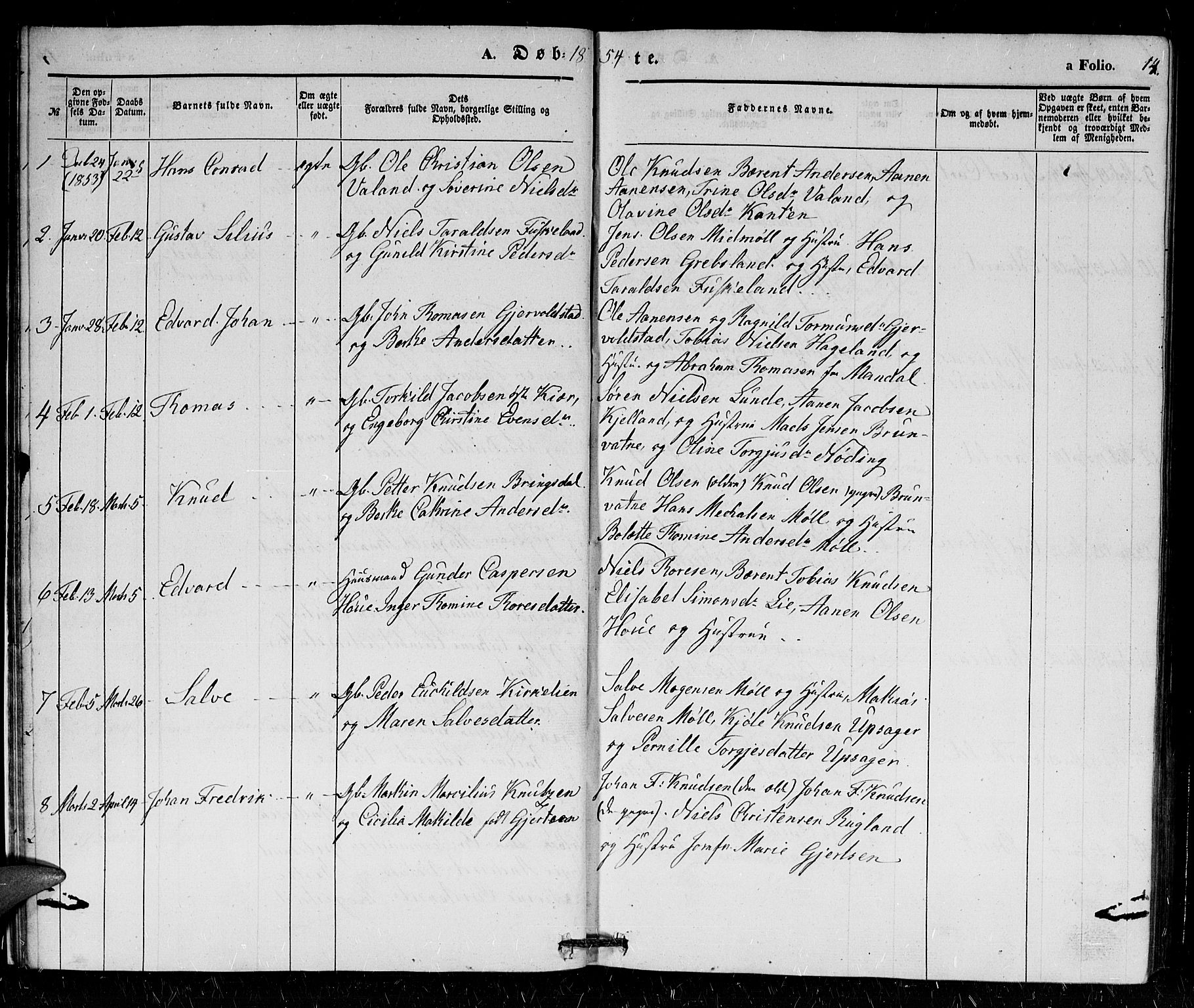 Holum sokneprestkontor, AV/SAK-1111-0022/F/Fb/Fba/L0003: Parish register (copy) no. B 3, 1850-1866, p. 14