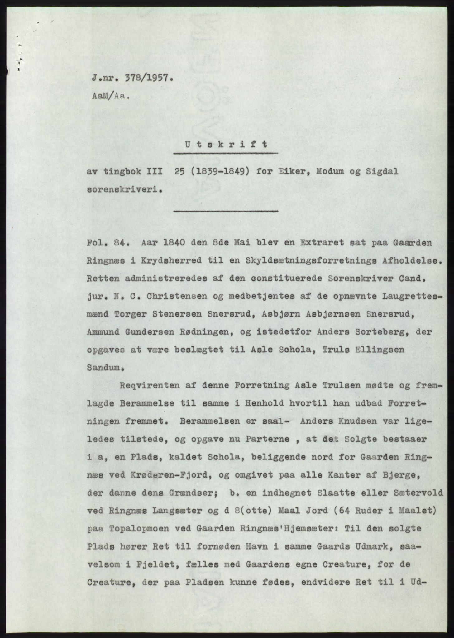 Statsarkivet i Kongsberg, AV/SAKO-A-0001/E/Ee/L0009: Avskrifter, SAO jnr. 354/1957 - 770/1957, 1957, p. 20