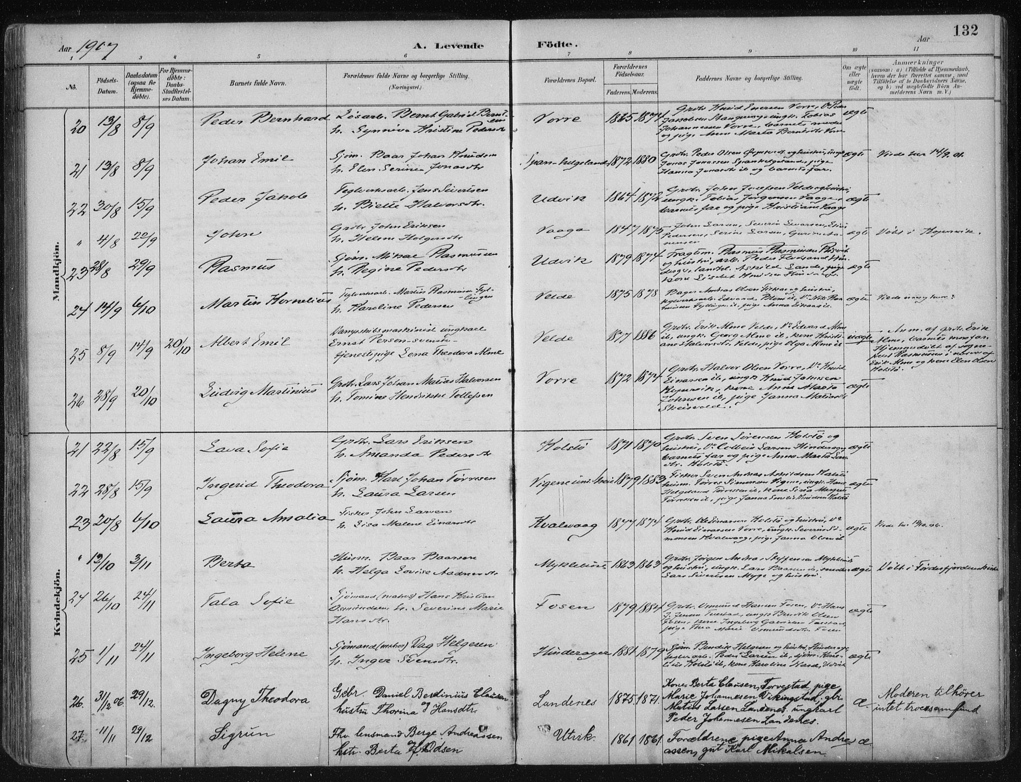 Avaldsnes sokneprestkontor, AV/SAST-A -101851/H/Ha/Haa/L0017: Parish register (official) no. A 17, 1889-1920, p. 132