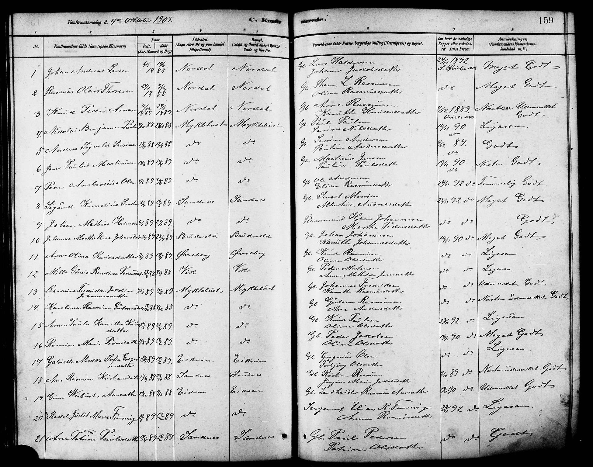 Ministerialprotokoller, klokkerbøker og fødselsregistre - Møre og Romsdal, AV/SAT-A-1454/502/L0027: Parish register (copy) no. 502C01, 1878-1908, p. 159