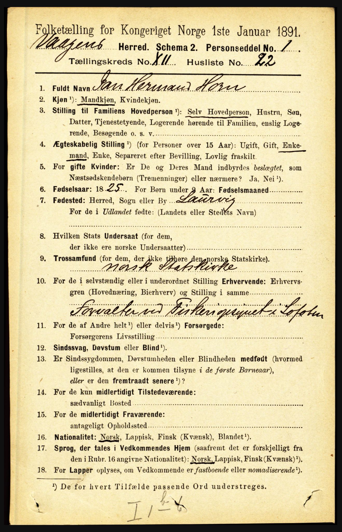 RA, 1891 census for 1865 Vågan, 1891, p. 3008