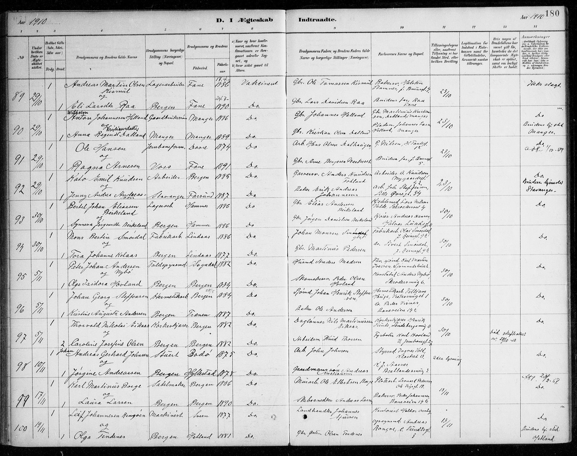 Johanneskirken sokneprestembete, AV/SAB-A-76001/H/Haa/L0012: Parish register (official) no. D 1, 1885-1912, p. 180