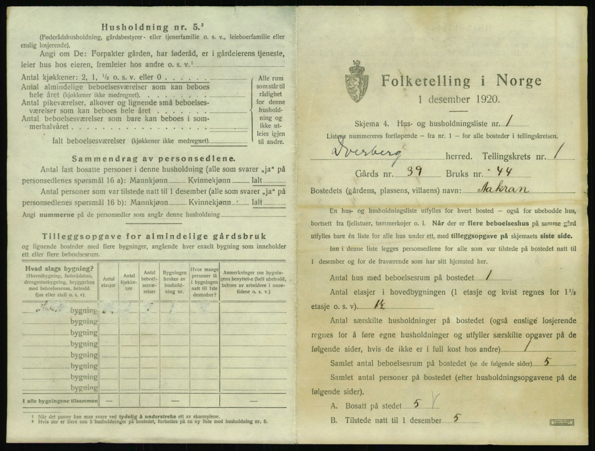 SAT, 1920 census for Dverberg, 1920, p. 64