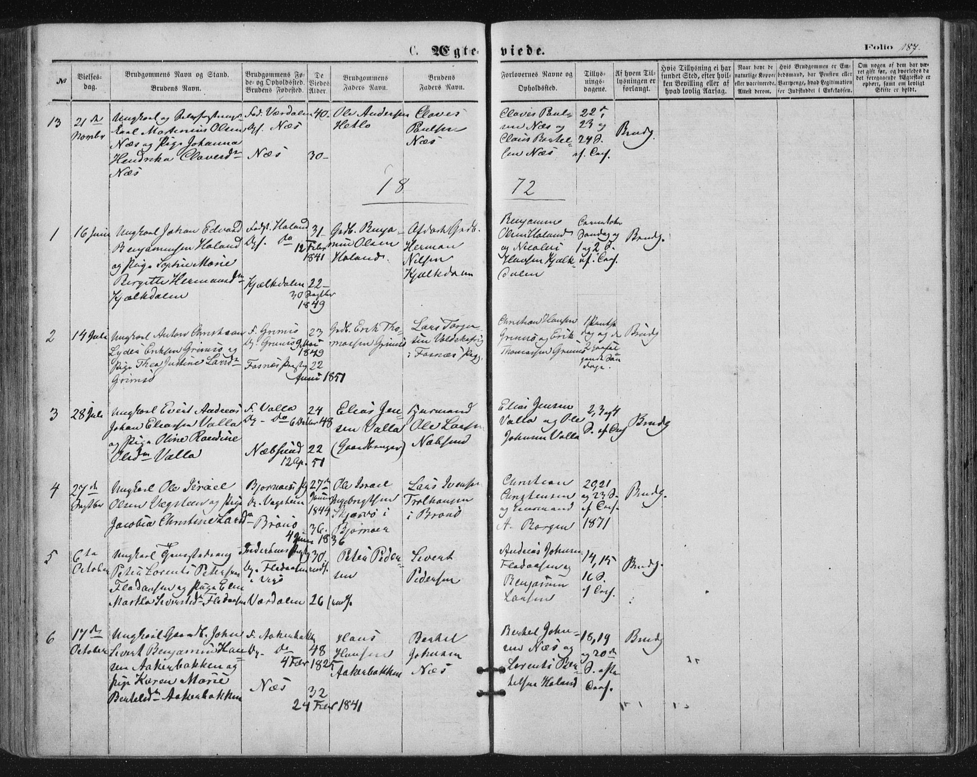 Ministerialprotokoller, klokkerbøker og fødselsregistre - Nordland, SAT/A-1459/816/L0241: Parish register (official) no. 816A07, 1870-1885, p. 187