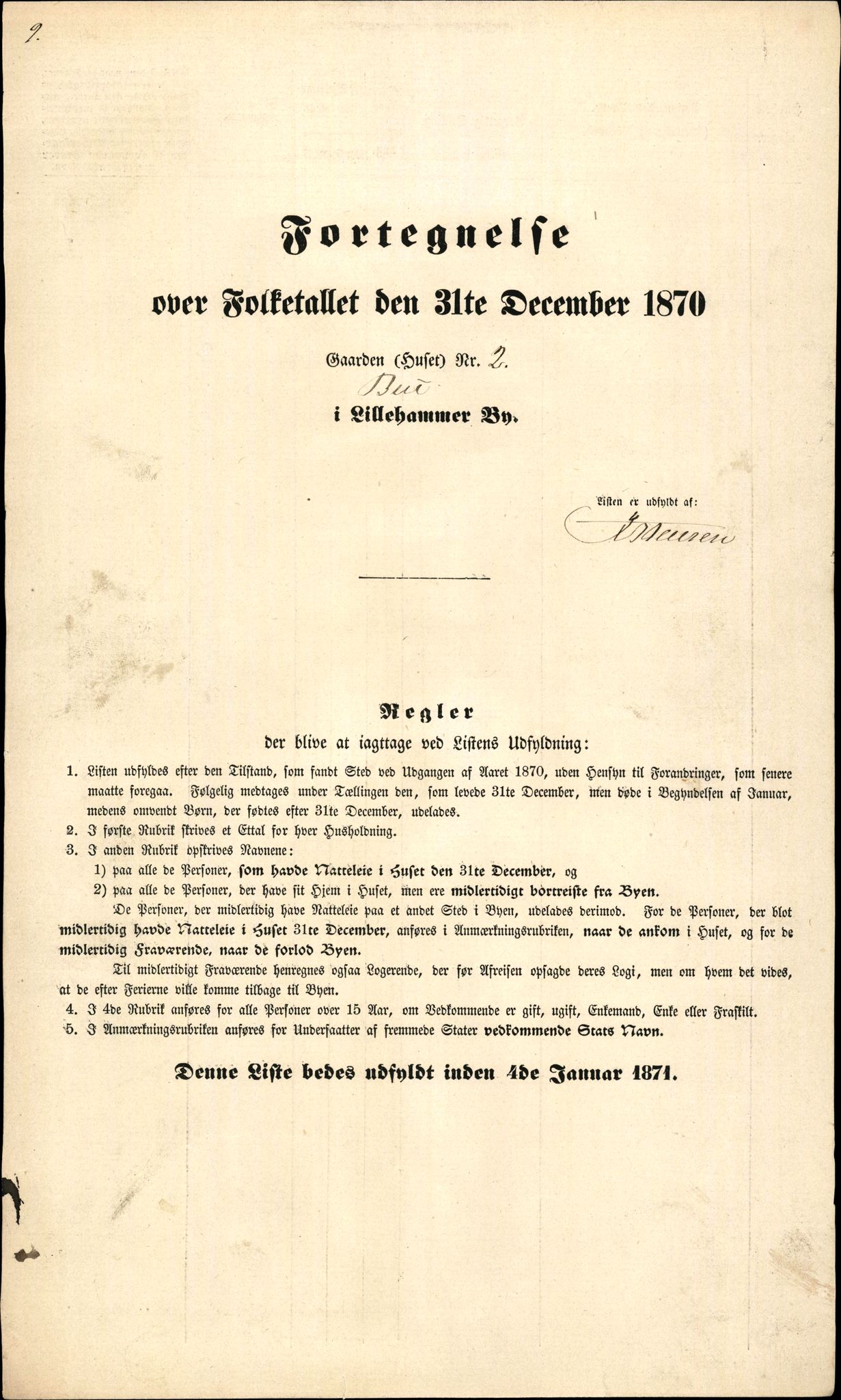 RA, 1870 census for 0501 Lillehammer, 1870, p. 9