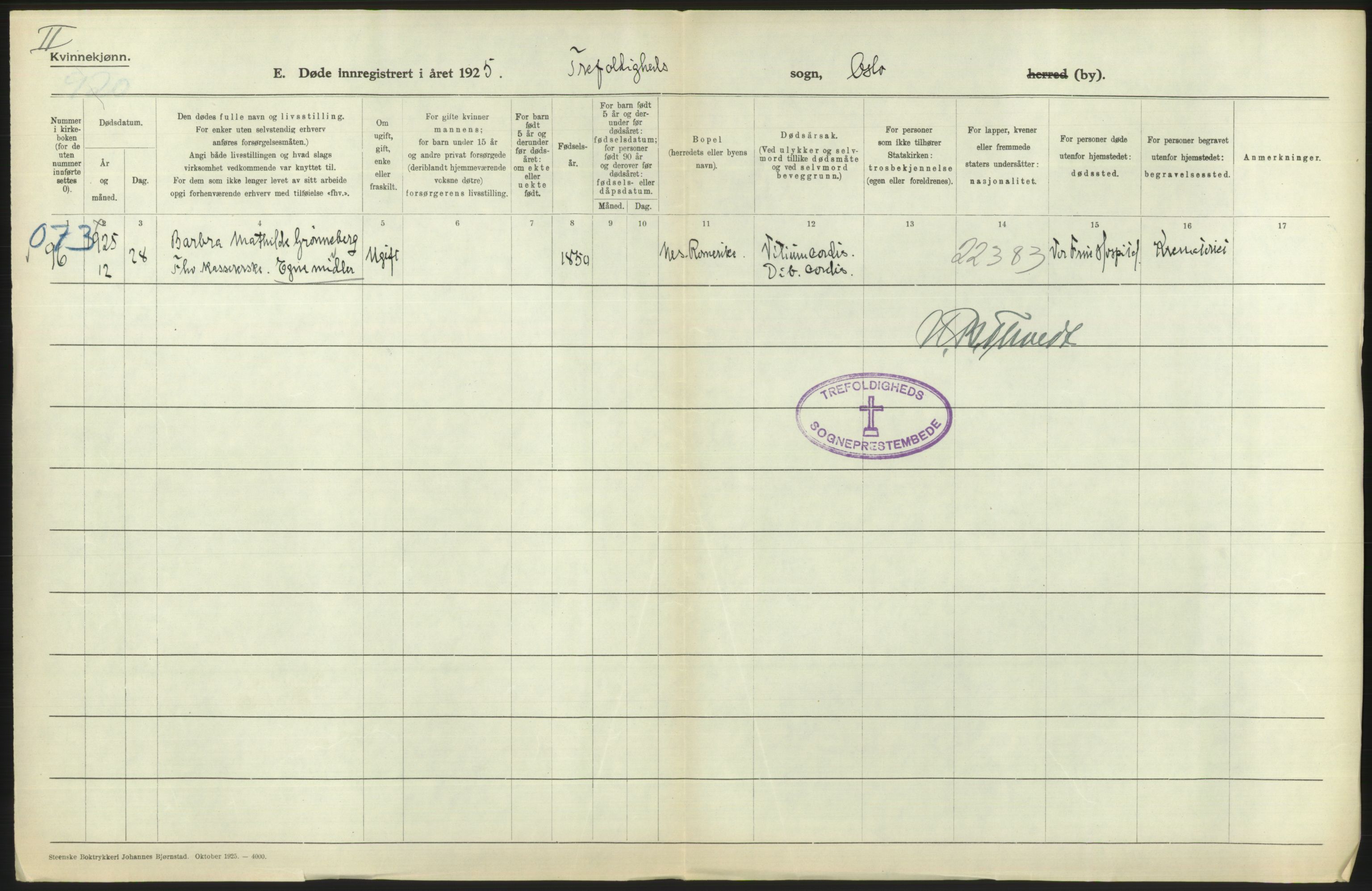 Statistisk sentralbyrå, Sosiodemografiske emner, Befolkning, AV/RA-S-2228/D/Df/Dfc/Dfce/L0010: Oslo: Døde kvinner, dødfødte, 1925, p. 236