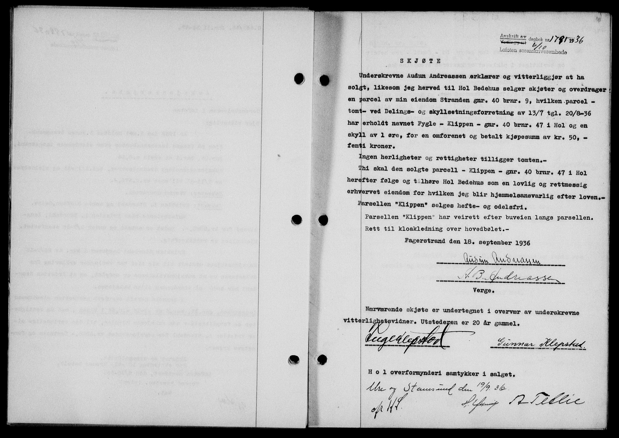 Lofoten sorenskriveri, SAT/A-0017/1/2/2C/L0001a: Mortgage book no. 1a, 1936-1937, Diary no: : 1791/1936