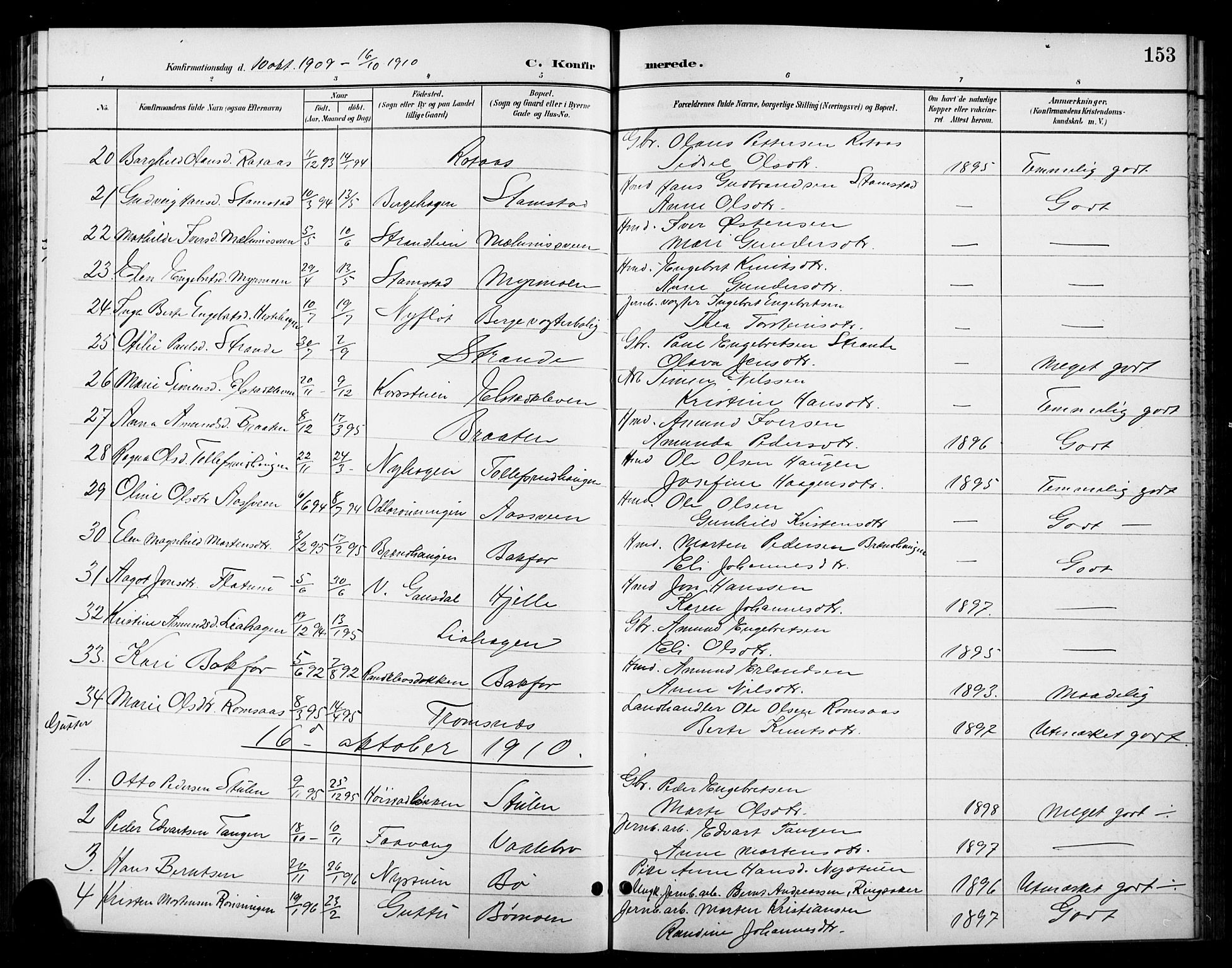 Ringebu prestekontor, AV/SAH-PREST-082/H/Ha/Hab/L0009: Parish register (copy) no. 9, 1899-1921, p. 153