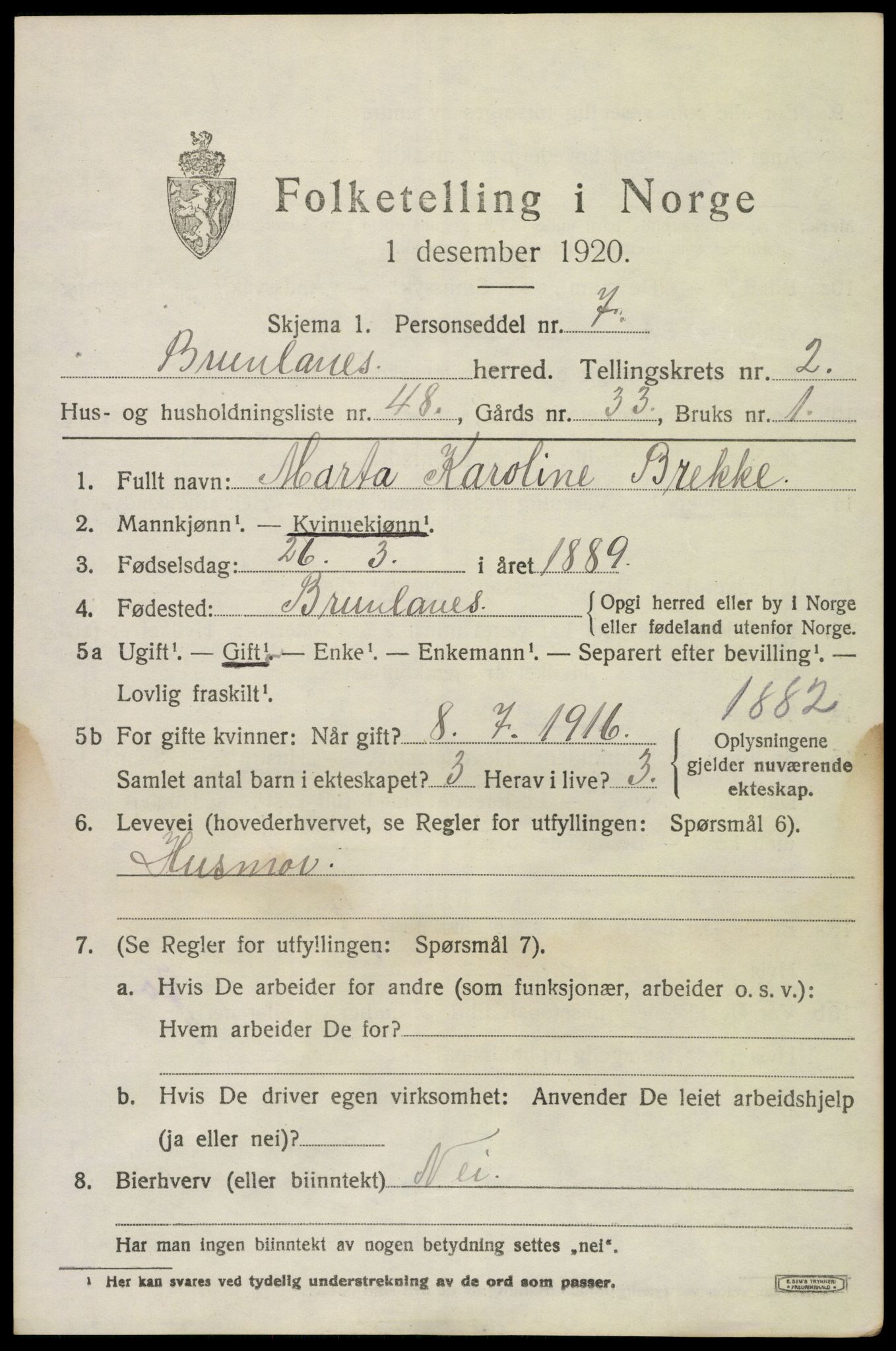 SAKO, 1920 census for Brunlanes, 1920, p. 3813