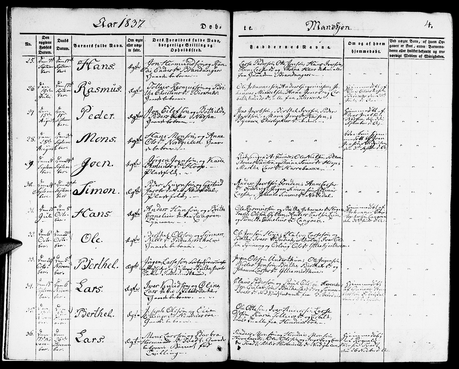 Gulen sokneprestembete, AV/SAB-A-80201/H/Haa/Haaa/L0020: Parish register (official) no. A 20, 1837-1847, p. 4