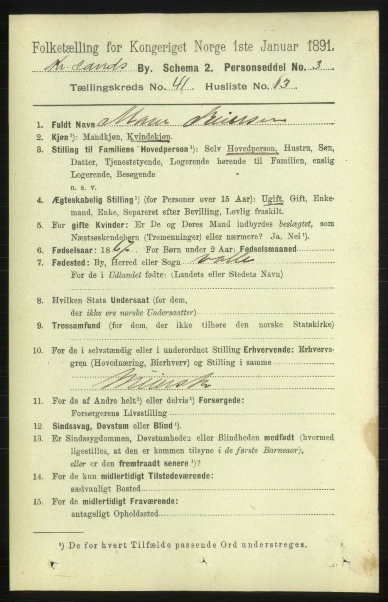 RA, 1891 census for 1001 Kristiansand, 1891, p. 12636