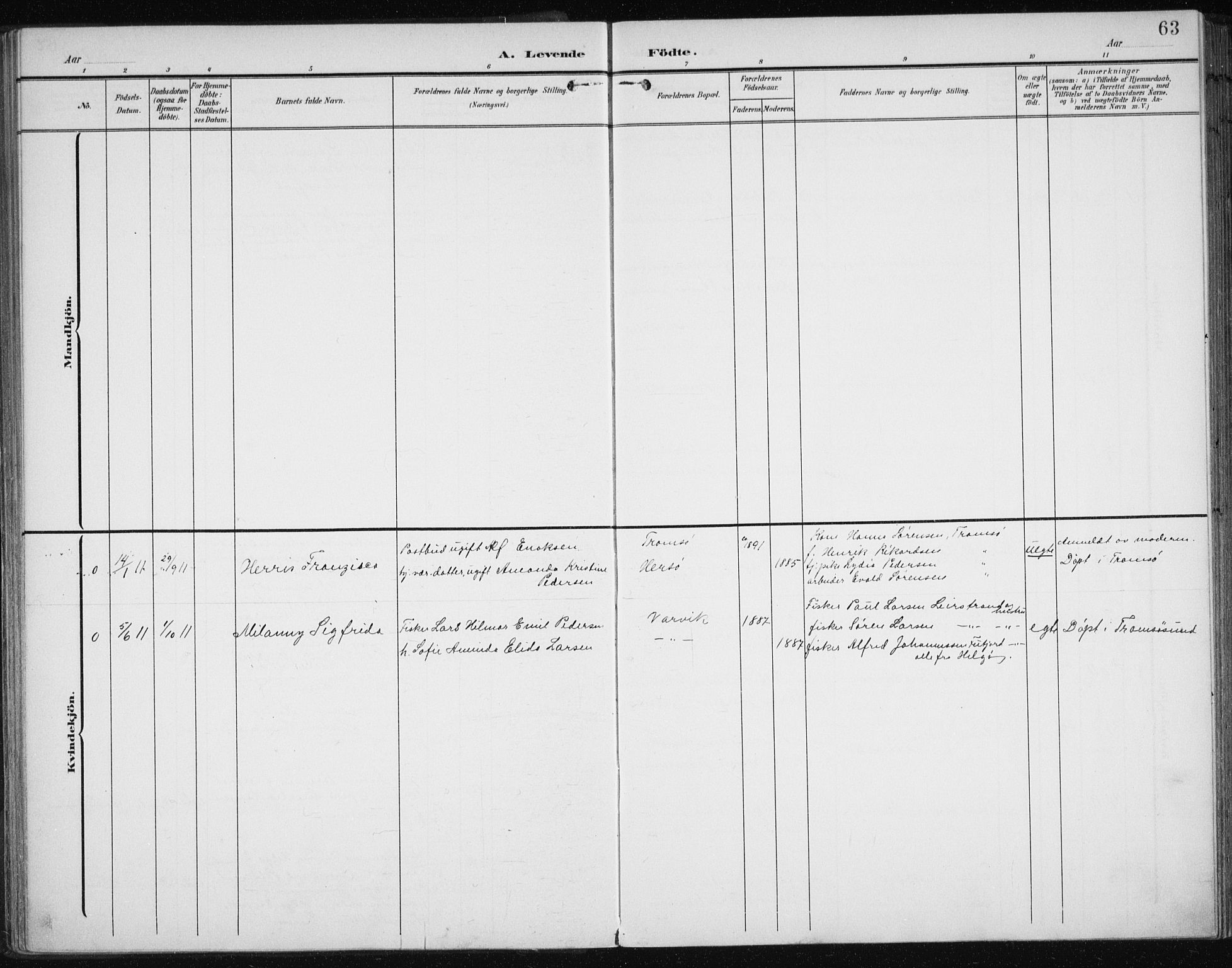 Karlsøy sokneprestembete, SATØ/S-1299/H/Ha/Haa/L0013kirke: Parish register (official) no. 13, 1902-1916, p. 63