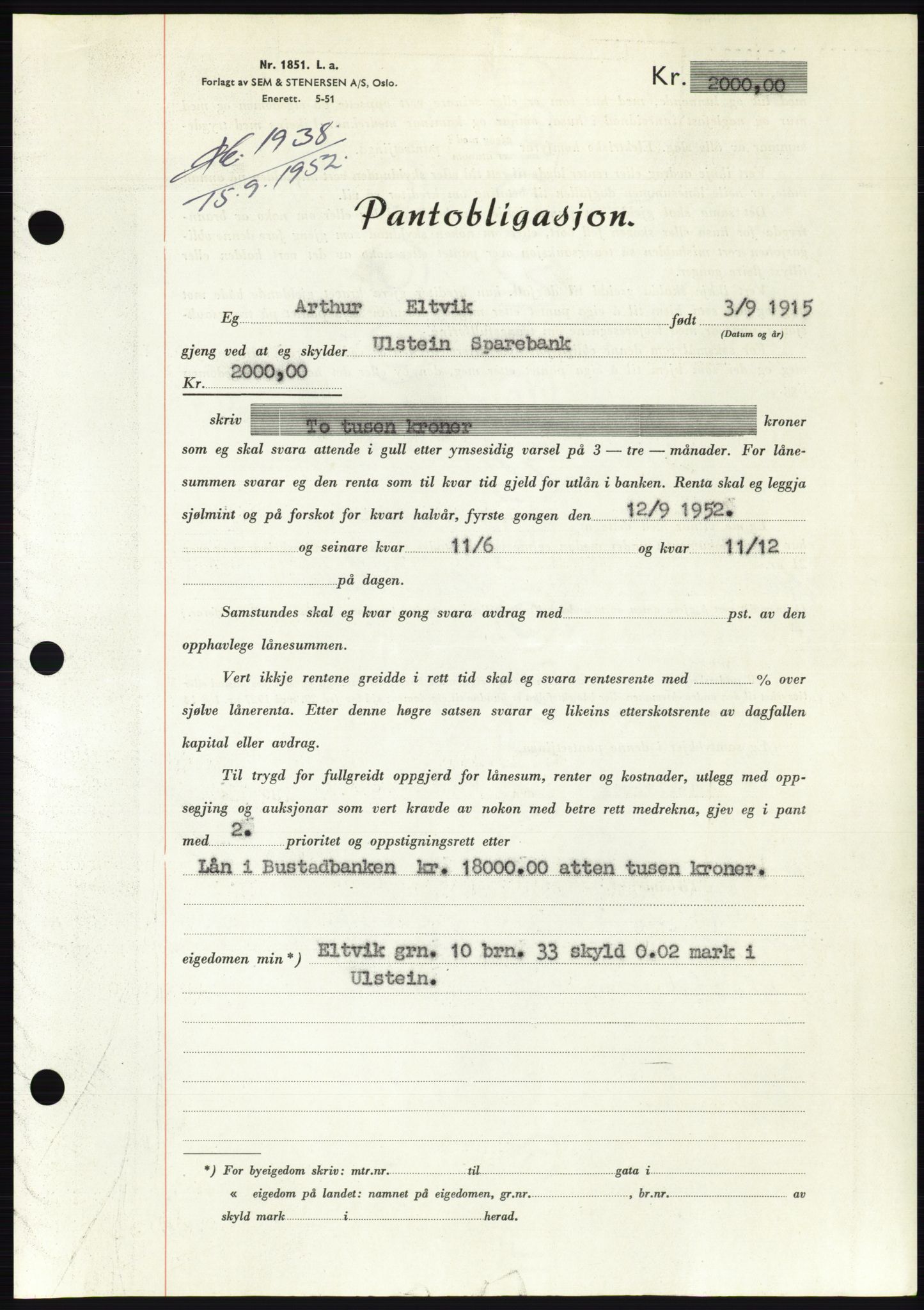 Søre Sunnmøre sorenskriveri, AV/SAT-A-4122/1/2/2C/L0122: Mortgage book no. 10B, 1952-1953, Diary no: : 1938/1952