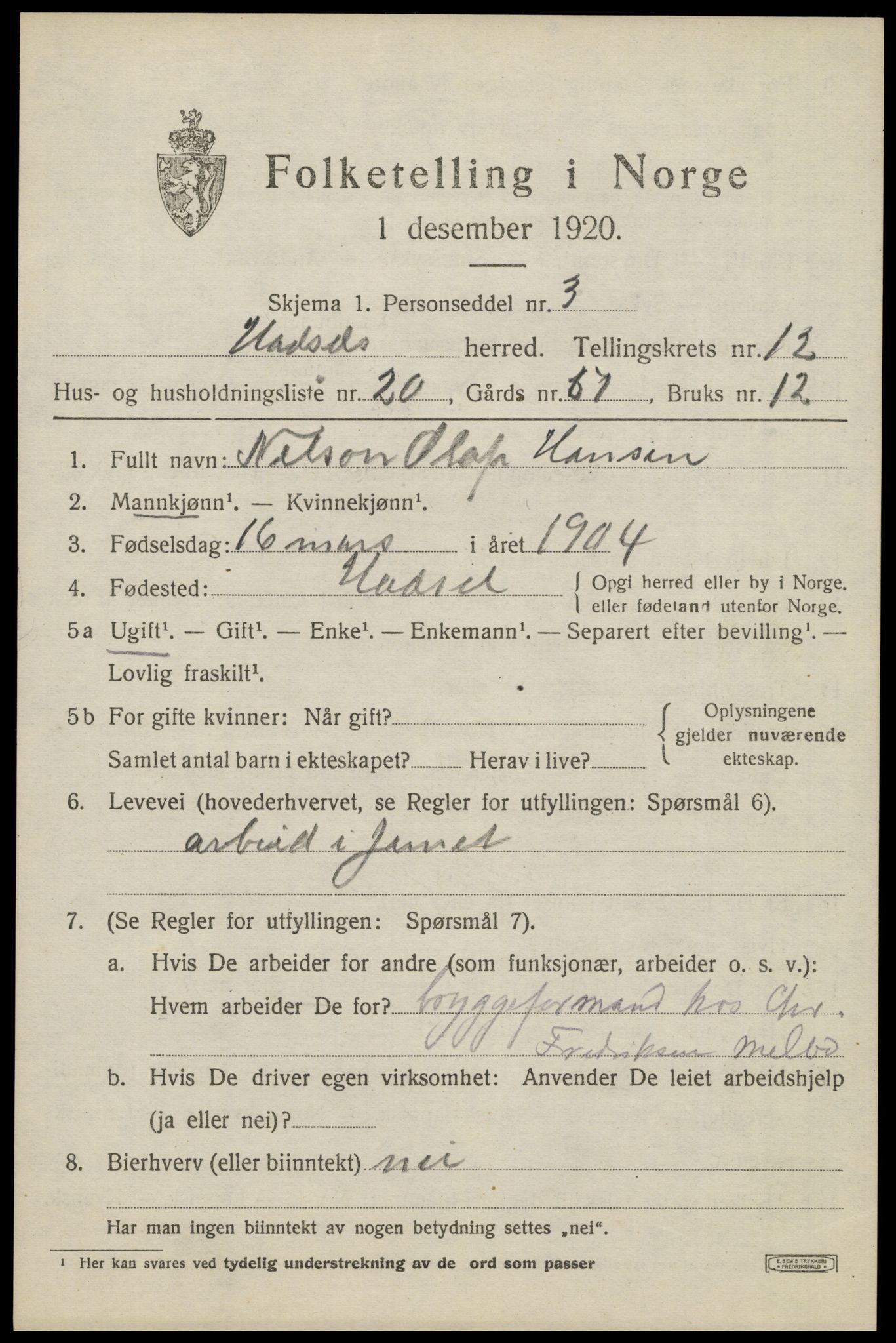 SAT, 1920 census for Hadsel, 1920, p. 9326