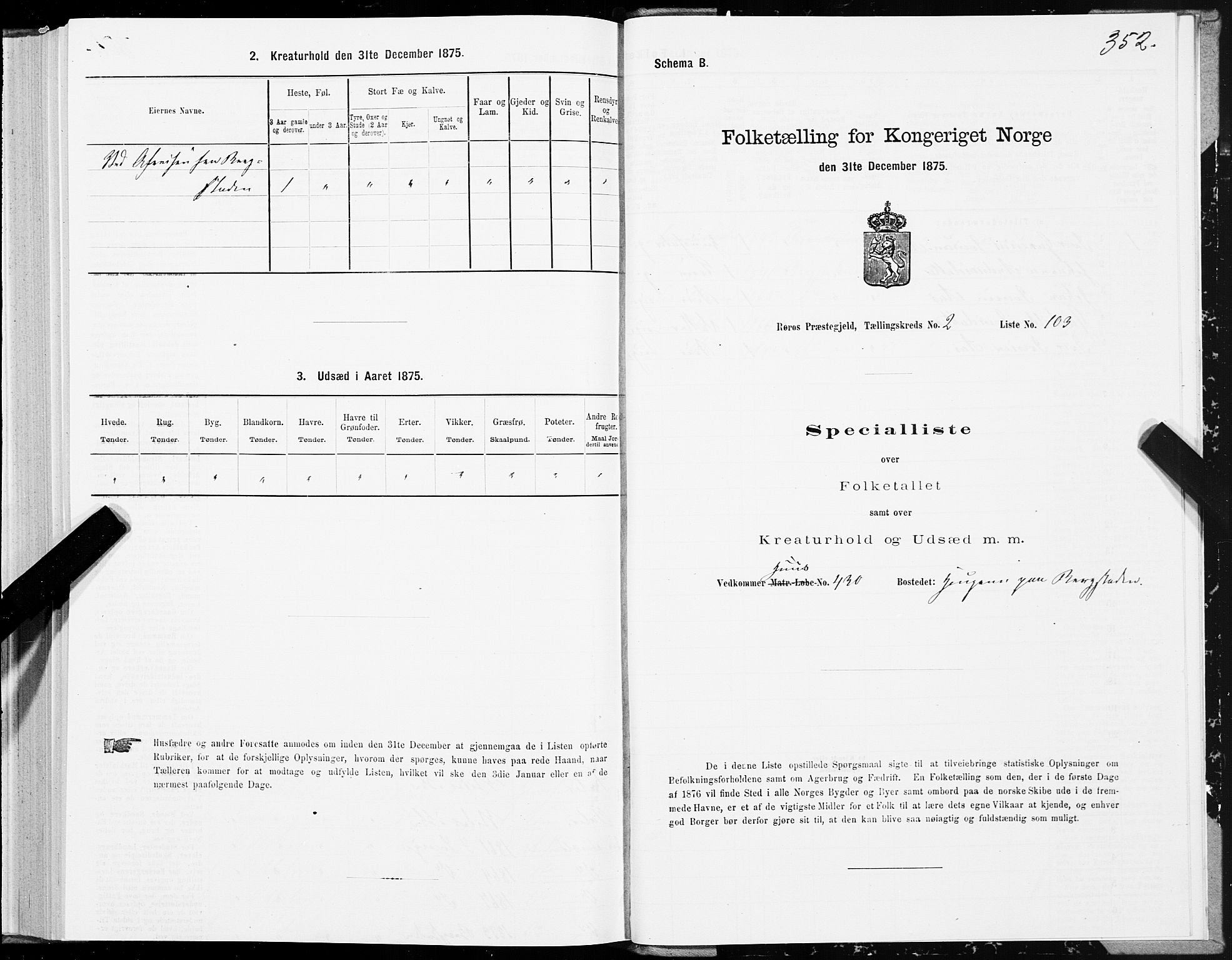 SAT, 1875 census for 1640P Røros, 1875, p. 1352