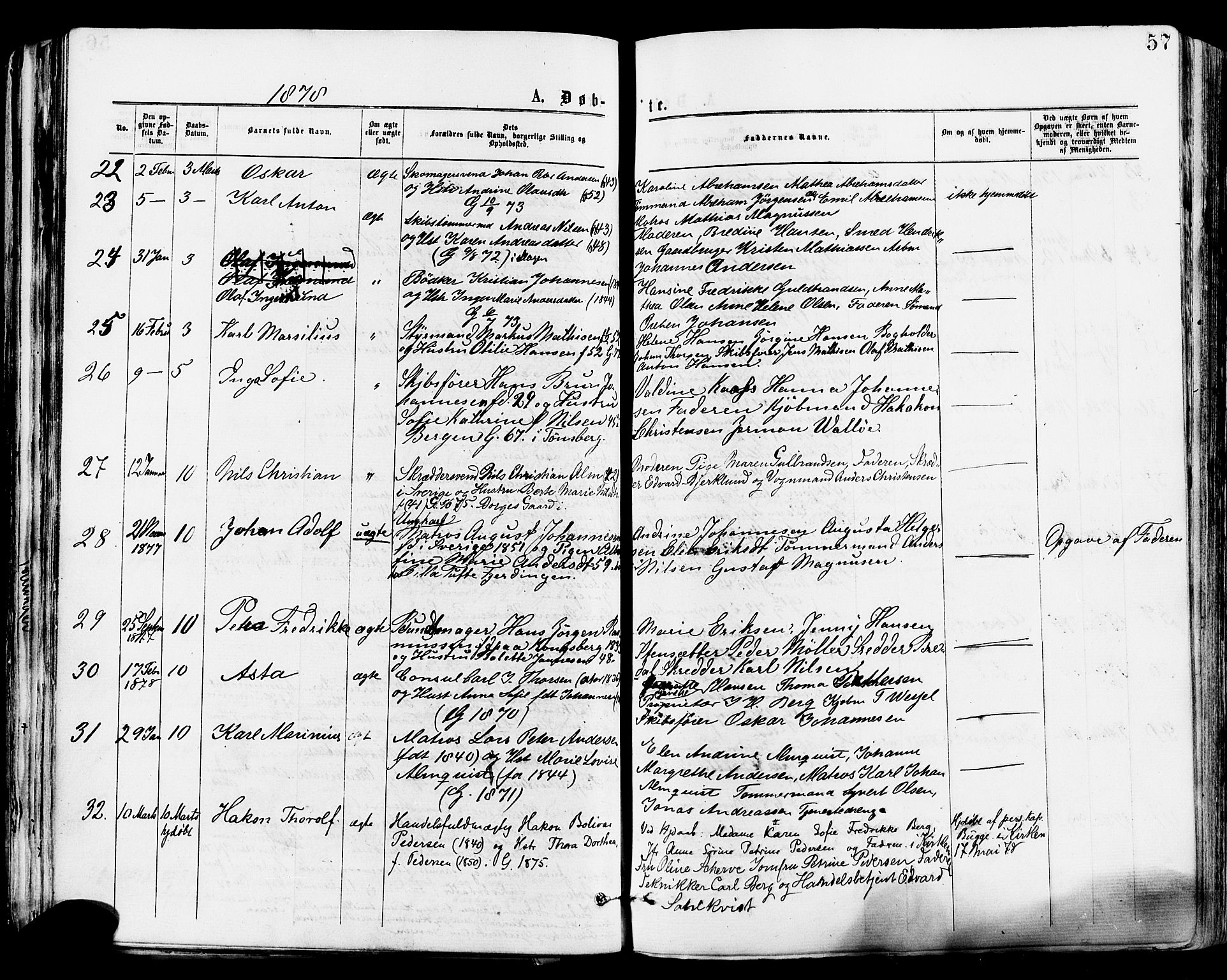 Tønsberg kirkebøker, AV/SAKO-A-330/F/Fa/L0010: Parish register (official) no. I 10, 1874-1880, p. 57