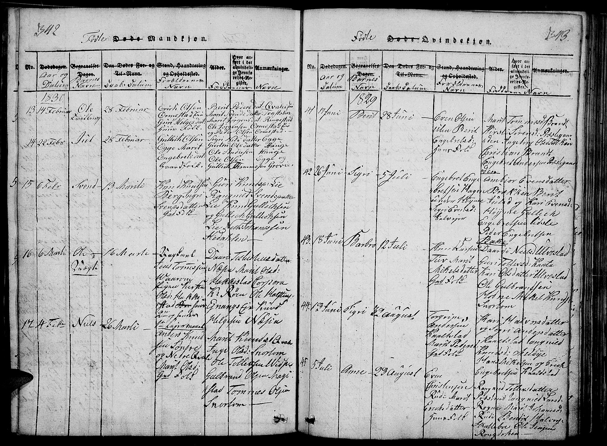 Slidre prestekontor, SAH/PREST-134/H/Ha/Haa/L0002: Parish register (official) no. 2, 1814-1830, p. 342-343